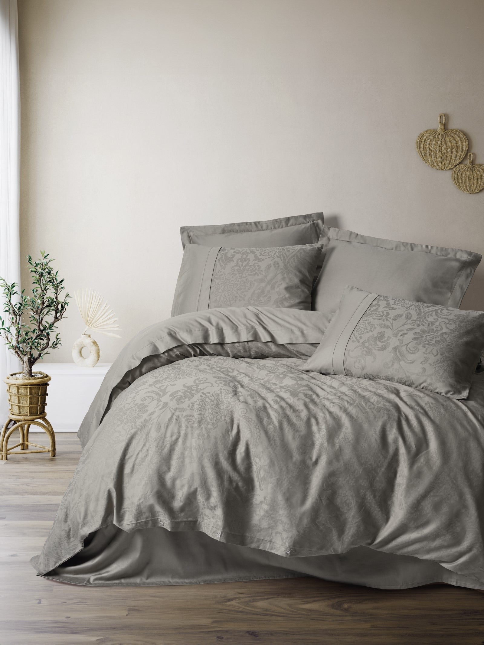 Cotton Box Jacquard Satin Double Duvet Cover Set Demure Mink