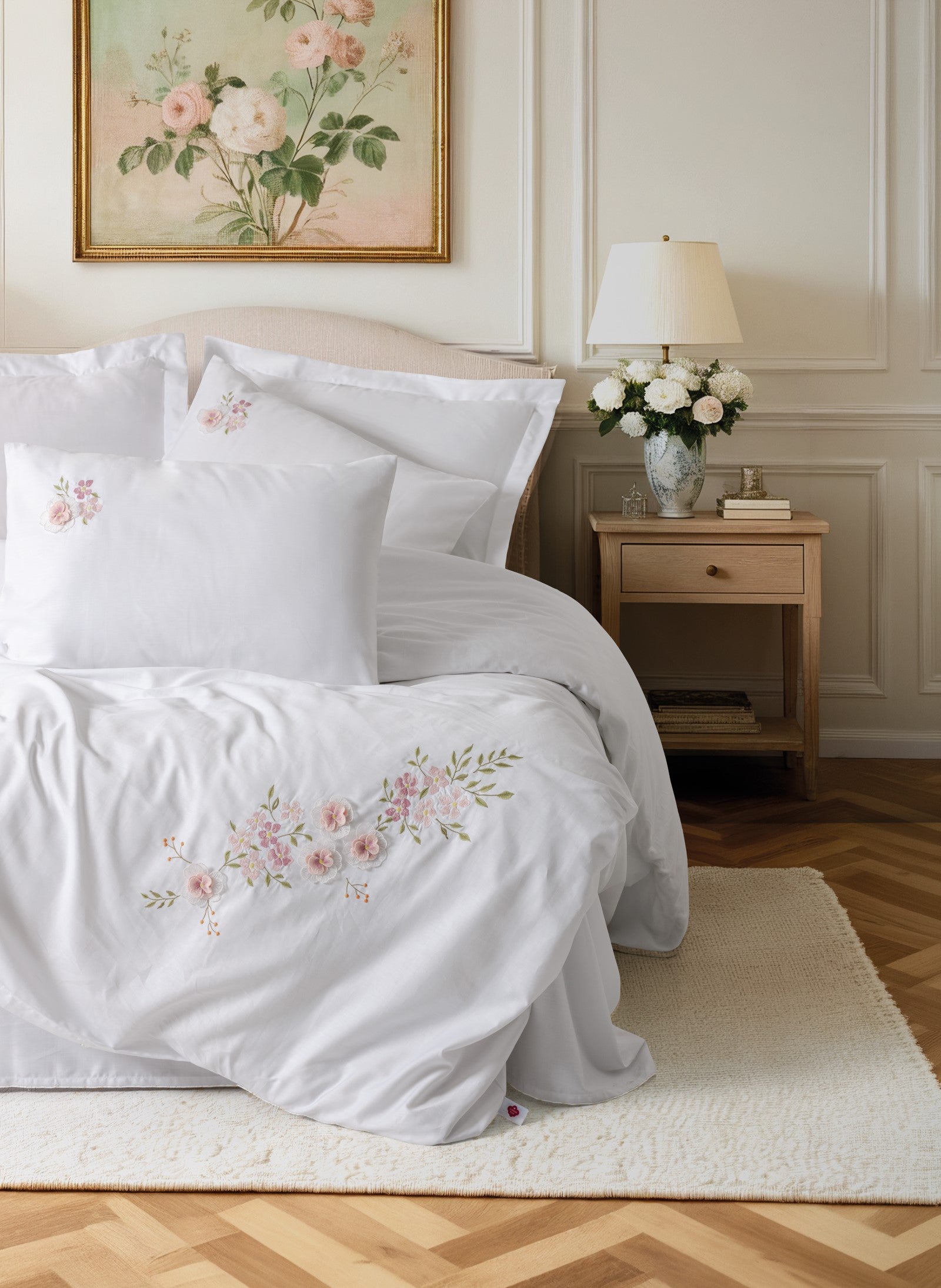 Cotton Box 3D Embroidered Sateen Double Duvet Cover Set Floret White