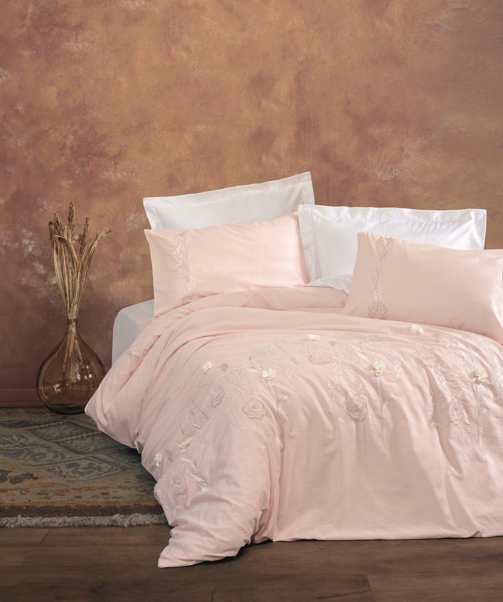 Cotton Box 3D Embroidered Satin Double Duvet Cover Set Lesley Pudra