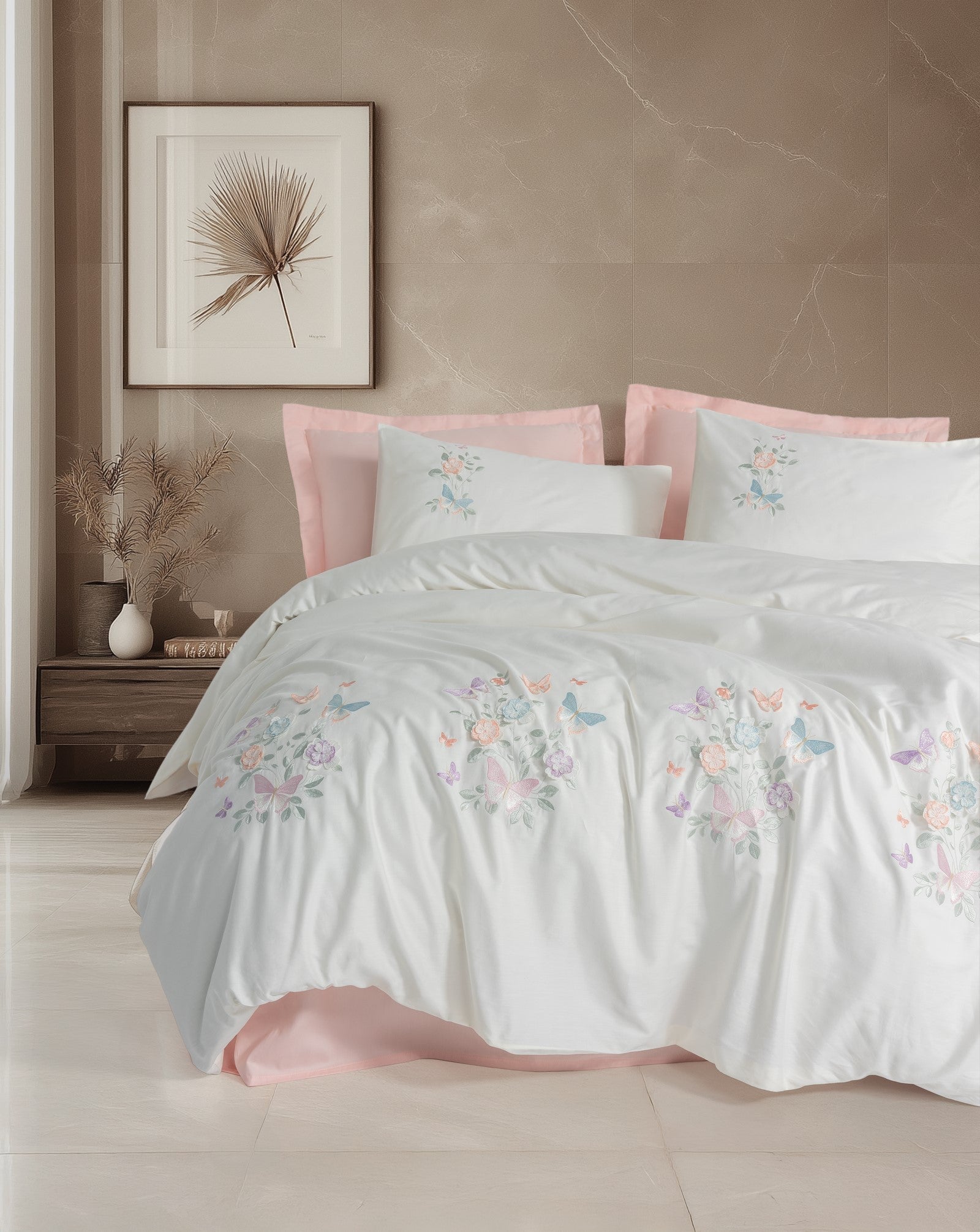 Cotton Box 3D Embroidered Satin Double Duvet Cover Set Liva Pudra