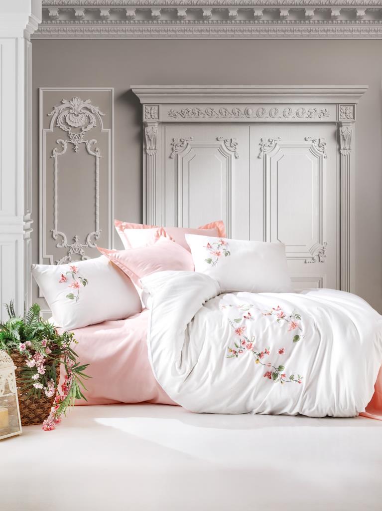 Cotton Box 3D Embroidered Satin Double Duvet Cover Set Luna Pudra