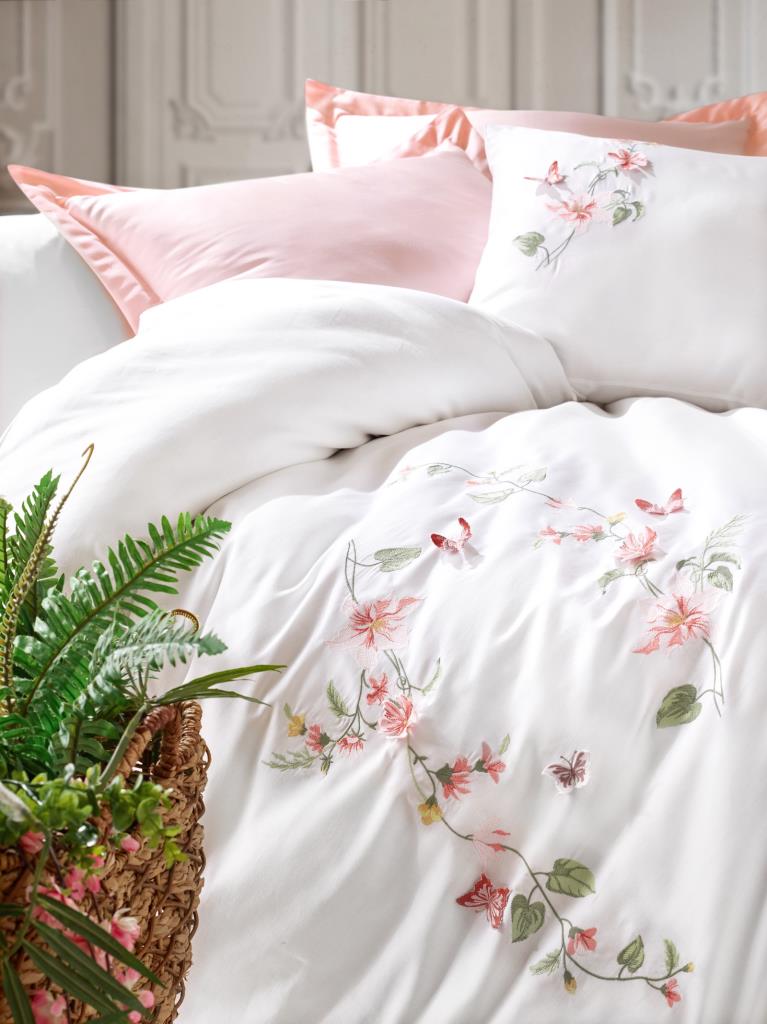 Cotton Box 3D Embroidered Satin Double Duvet Cover Set Luna Pudra