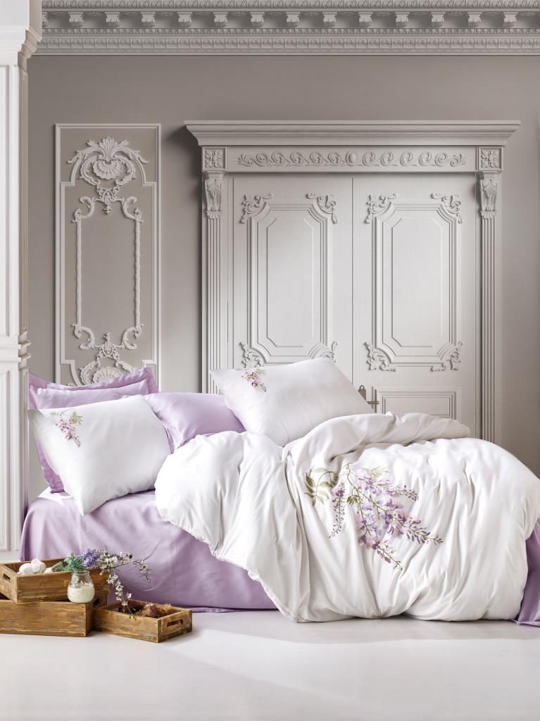 Cotton Box 3D Embroidered Satin Double Duvet Cover Set Mita Lilac