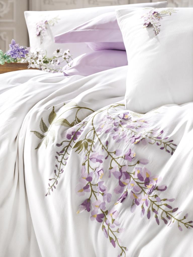 Cotton Box 3D Embroidered Satin Double Duvet Cover Set Mita Lilac