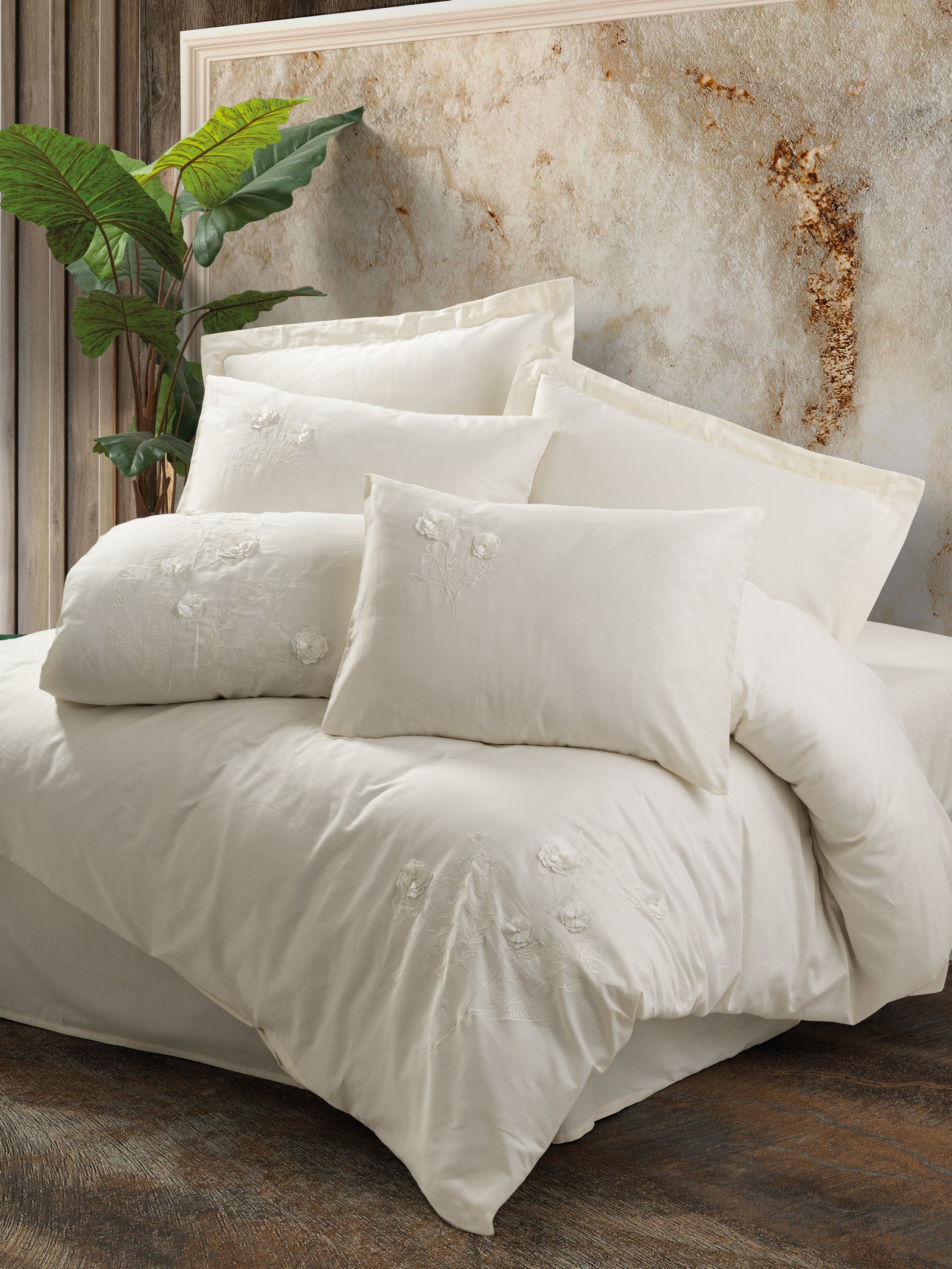 Cotton Box 3D Embroidered Satin Double Duvet Cover Set Pure Ecru