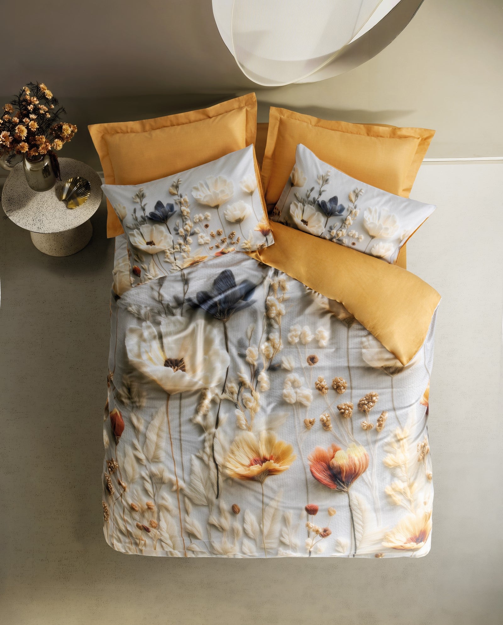 Cotton Box 5D Silky Tensel Saten Çift Kişilik Nevresim Takımı Flower Hardal