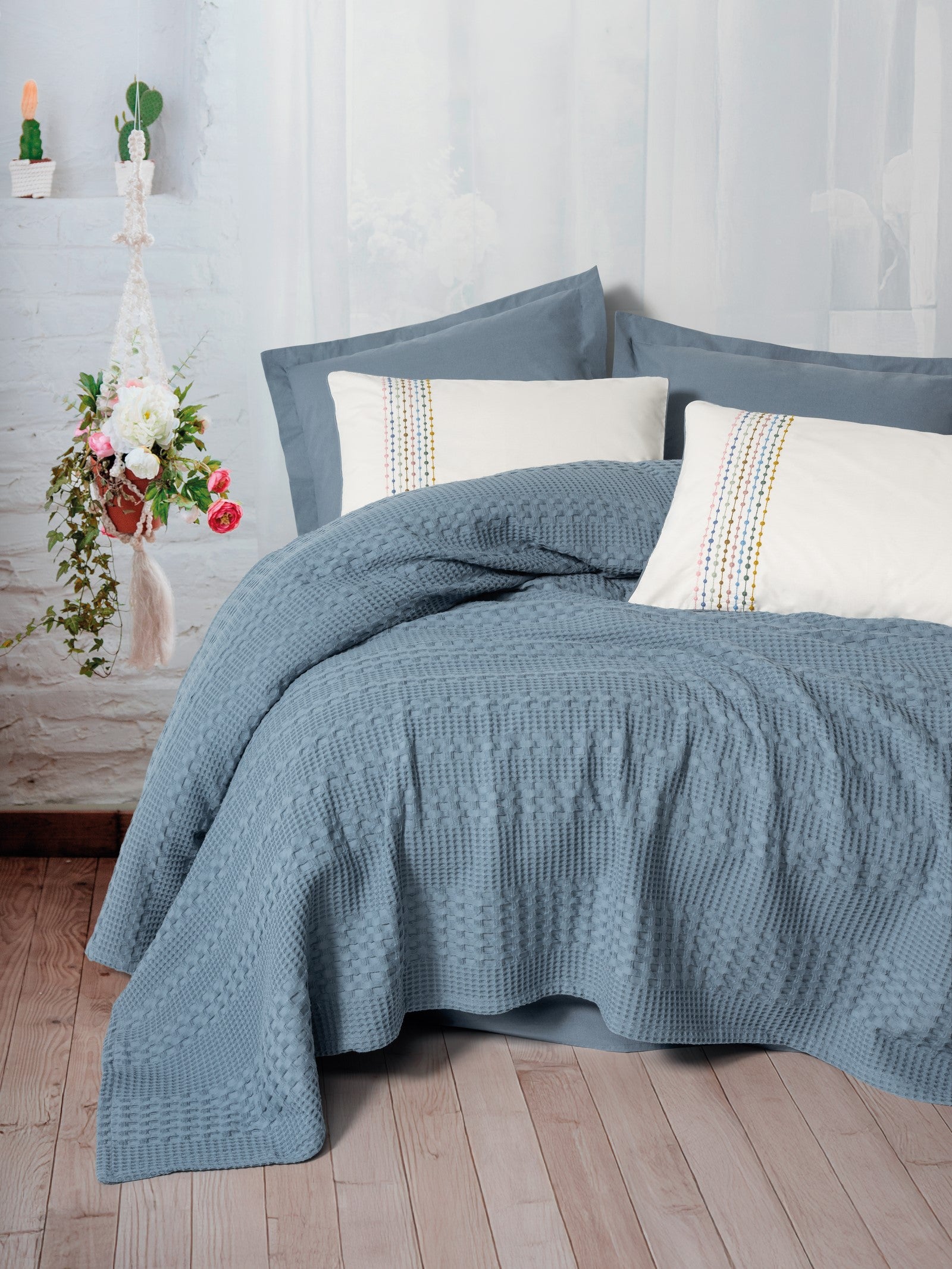 Cotton Box Aura Double Bedspread Set Pebble Indigo