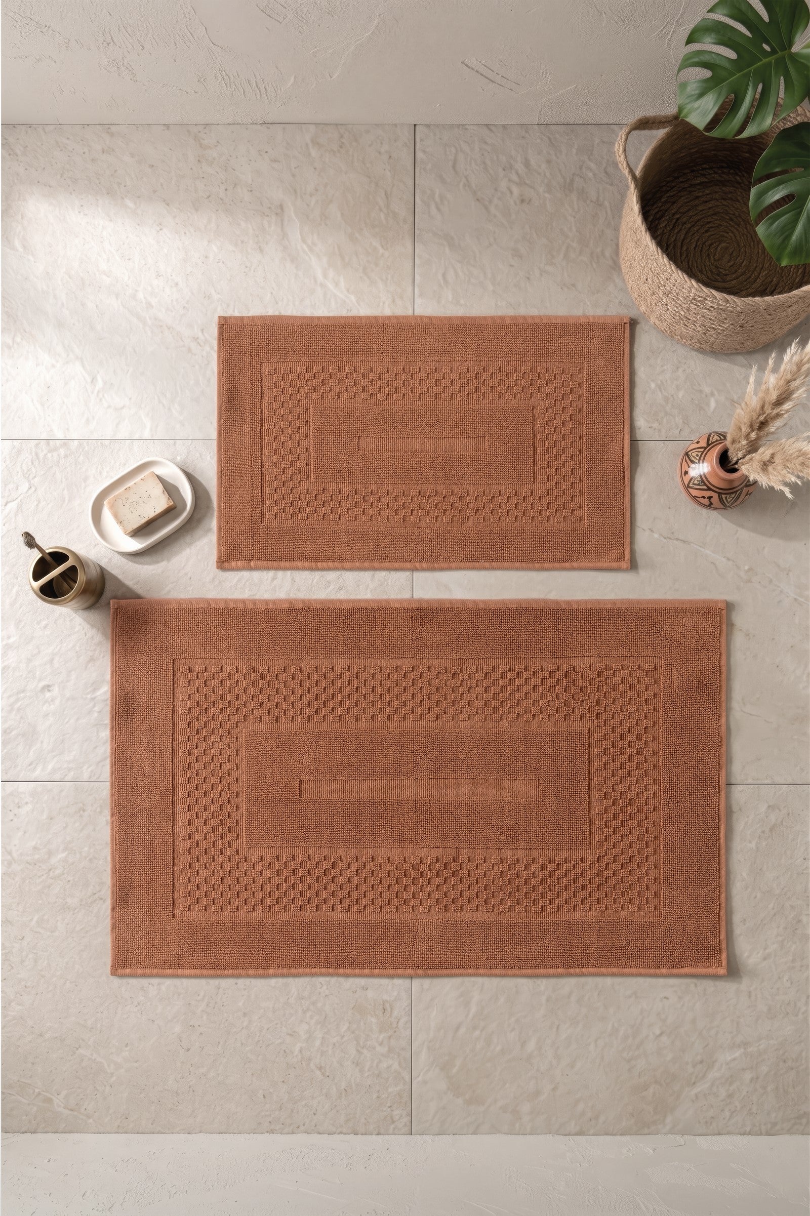 Cotton Box Aura Jakarlı Kaymaz Taban Pamuklu Paspas Seti Frame Coral 60x90+40x60