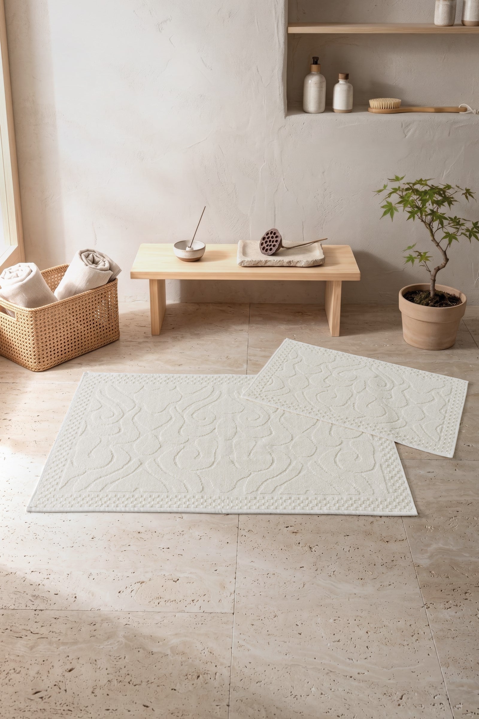 Cotton Box Aura Jakarlı Kaymaz Taban Pamuklu Paspas Seti Vine Krem 60x90+40x60