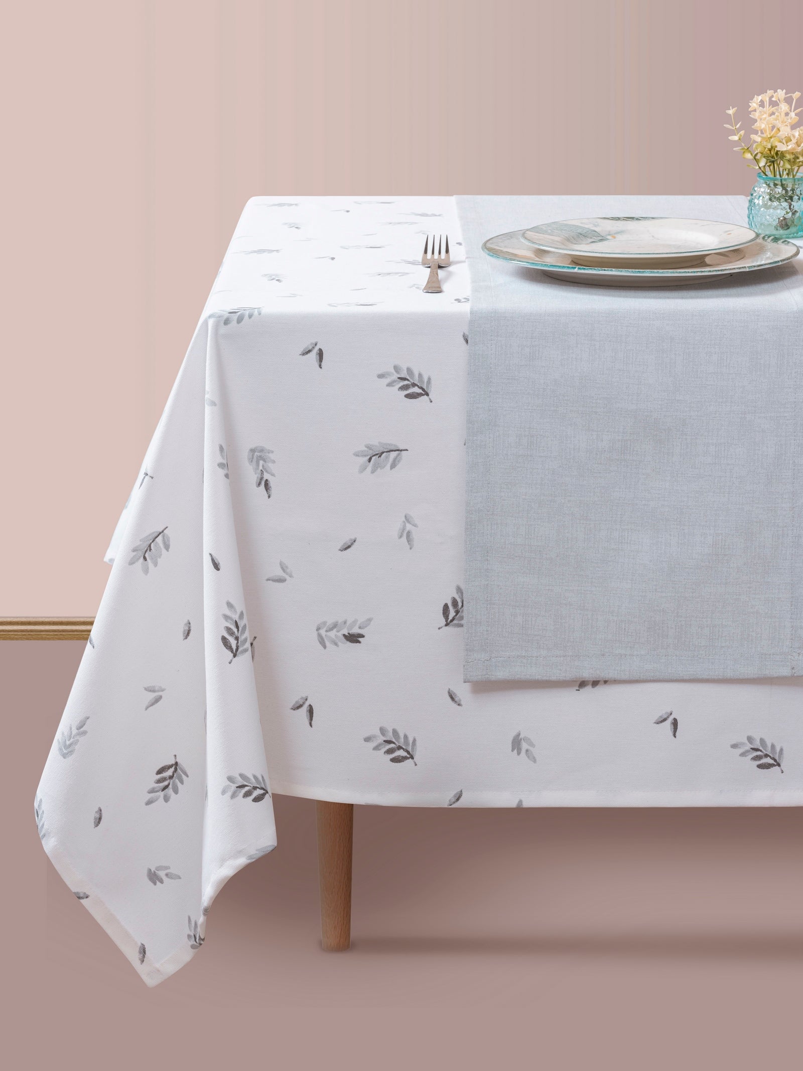 Cotton Box Printed Tablecloth Set Leaf Gray 160x180
