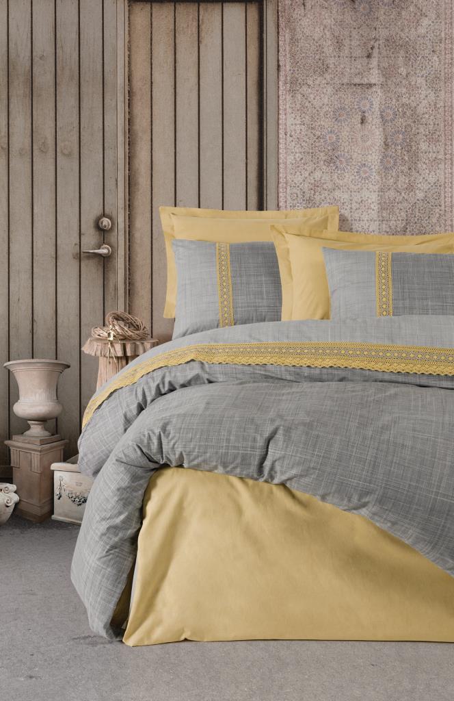 Cotton Box Embroidery Double Duvet Cover Set Hazel Mustard
