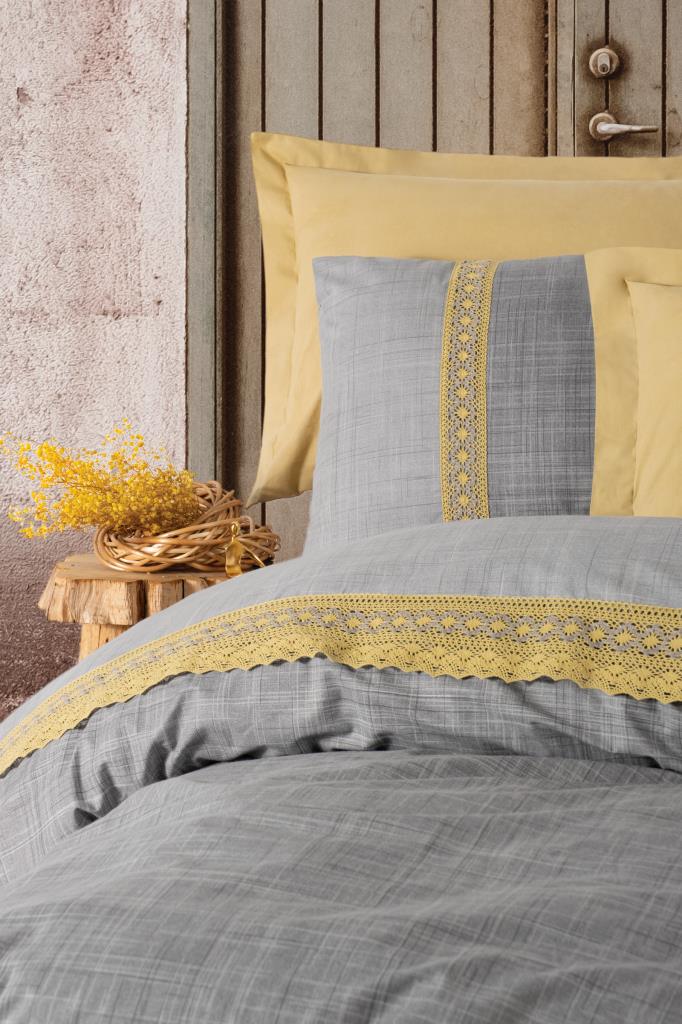 Cotton Box Embroidery Double Duvet Cover Set Hazel Mustard