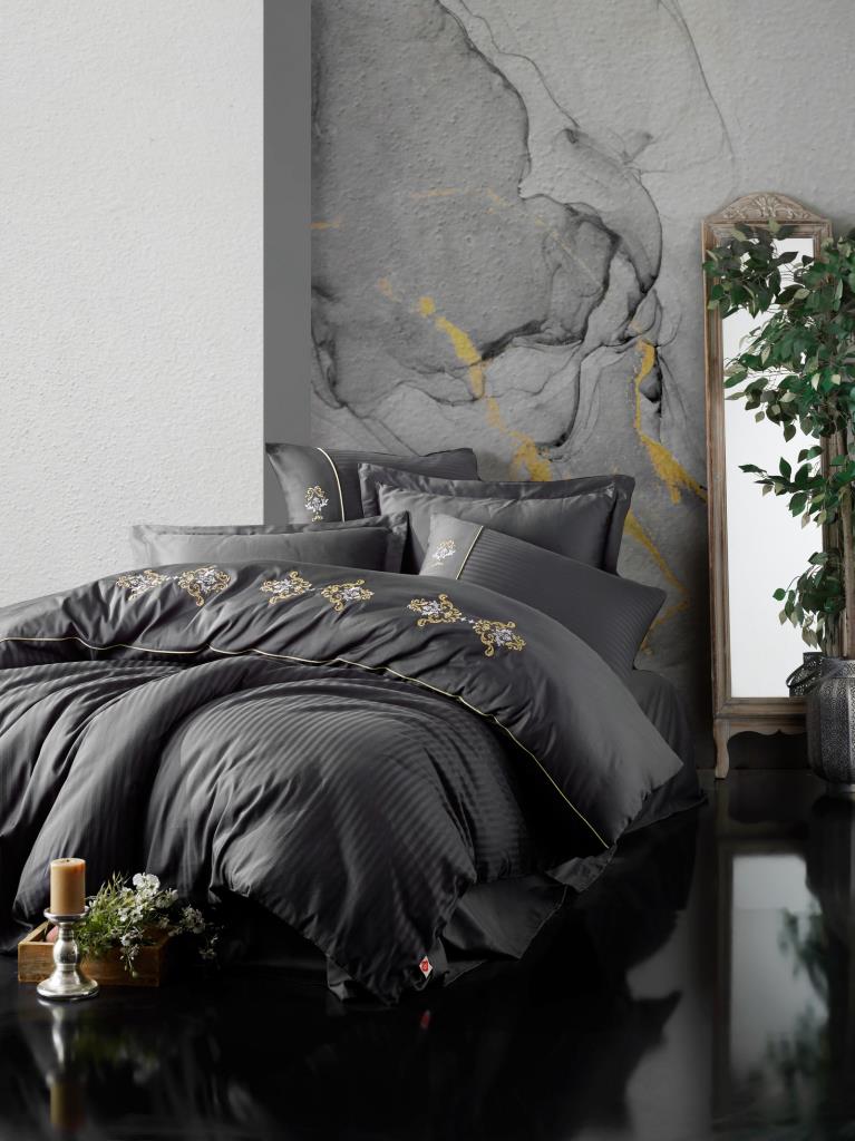 Cotton Box Embroidery Satin Double Duvet Cover Set King Anthracite