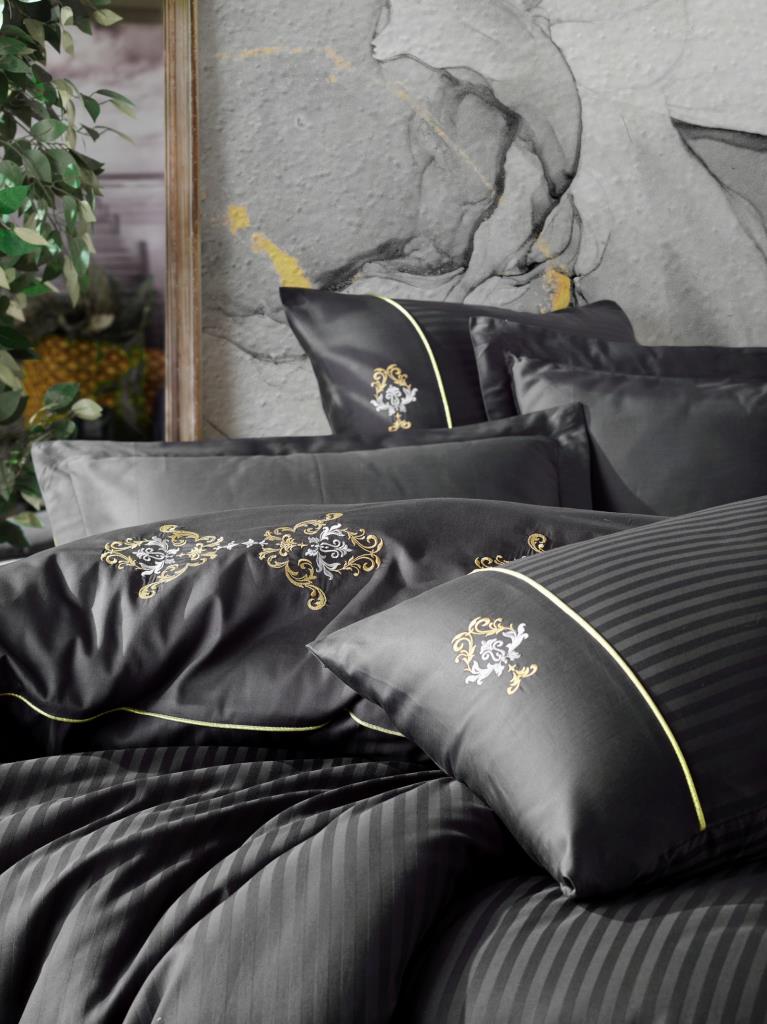 Cotton Box Embroidery Satin Double Duvet Cover Set King Anthracite