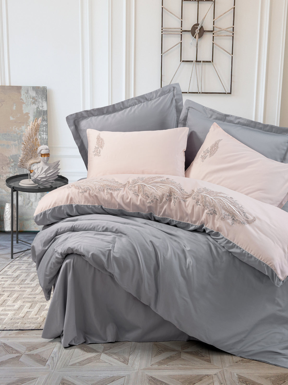 Cotton Box Embroidery Satin Double Duvet Cover Set Sheen Gray