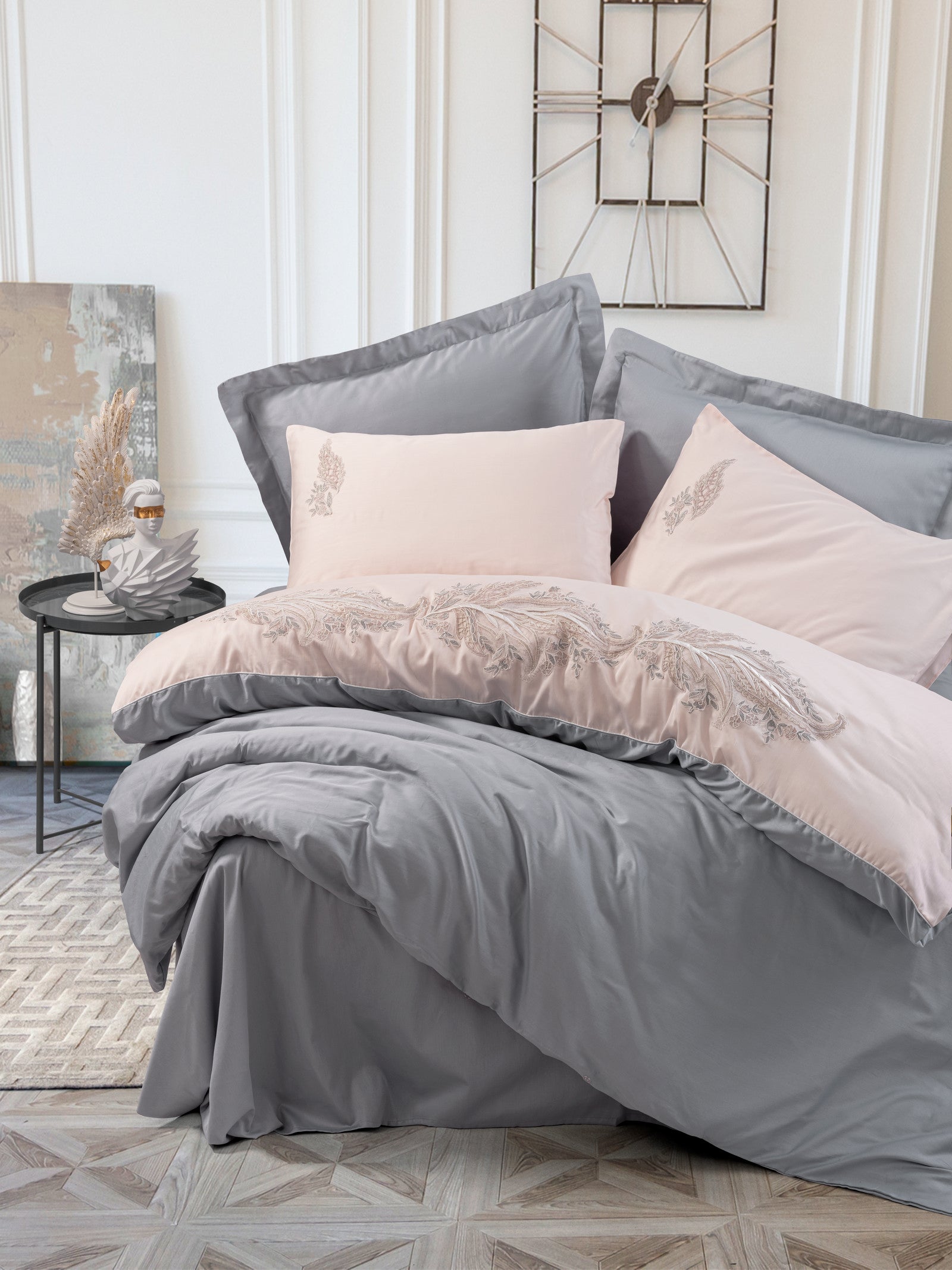 Cotton Box Embroidery Satin Double Duvet Cover Set Sheen Gray