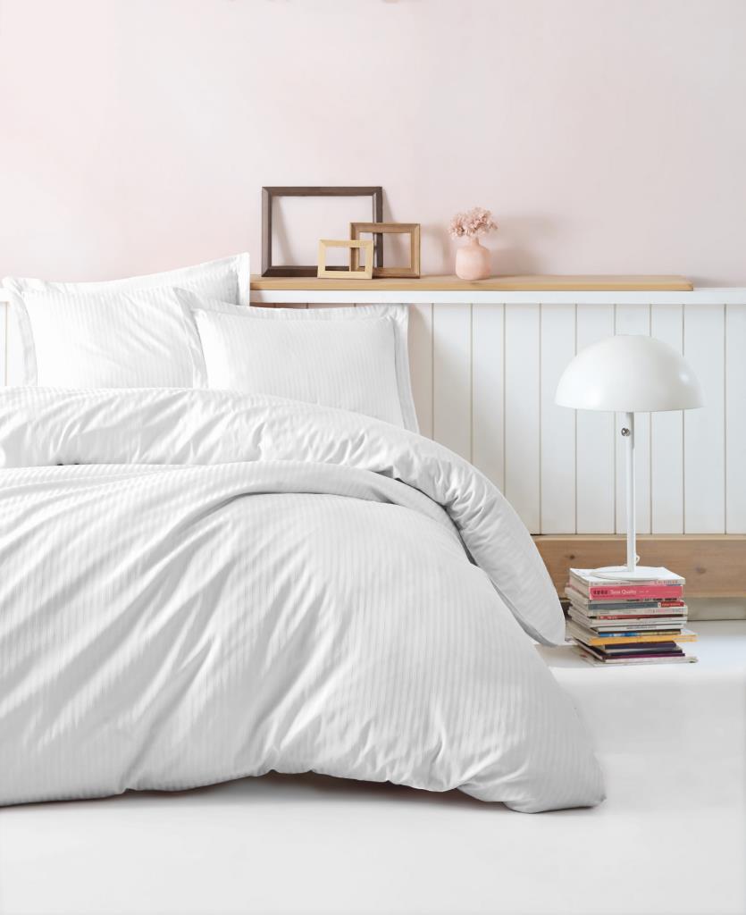 Cotton Box Elegant Stripe Satin Double Duvet Cover Set White