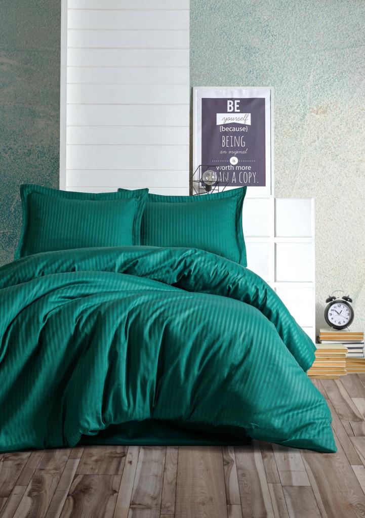 Cotton Box Elegant Stripe Saten Çift Kişilik Nevresim Takımı Petrol