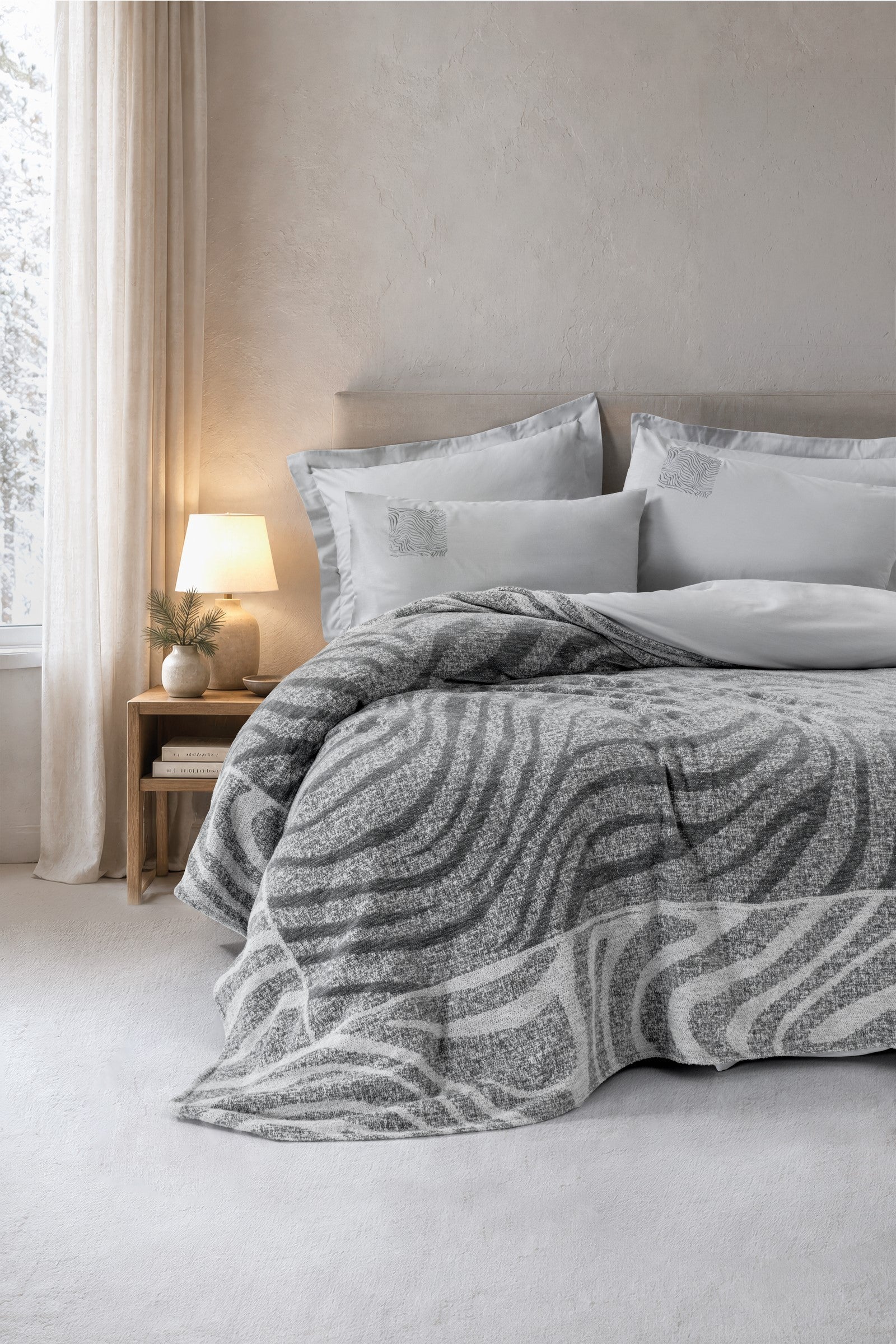 Cotton Box Fleece Çift Kişilik Yatak Örtülü Nevresim Takımı Tero Gri