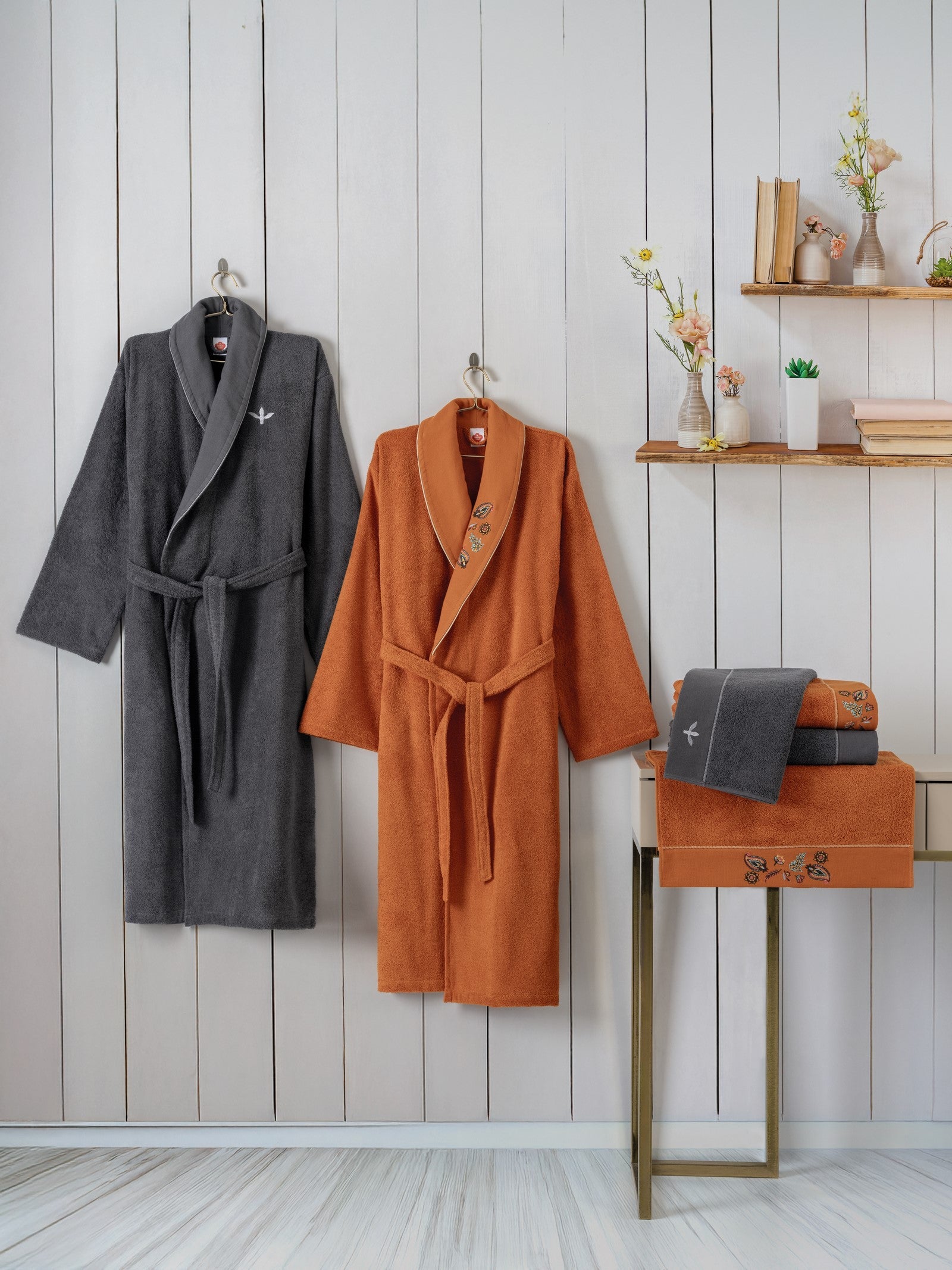 Cotton Box Folk Art Family Robe Set Dalila Cinnamon-Anthracite