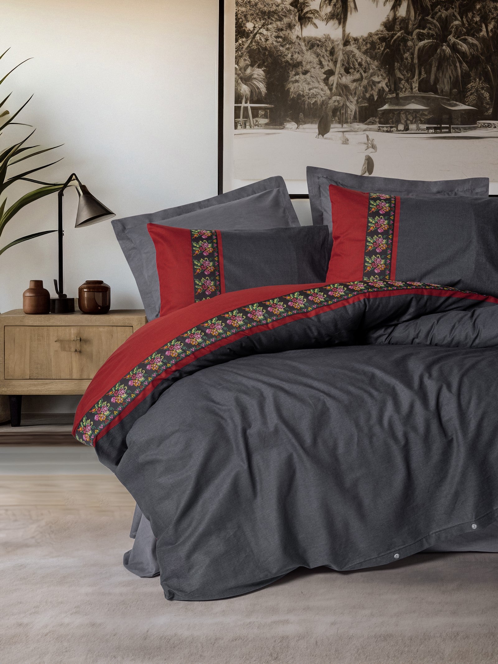 Cotton Box Folk Art Single Duvet Cover Set Lienzo Anthracite