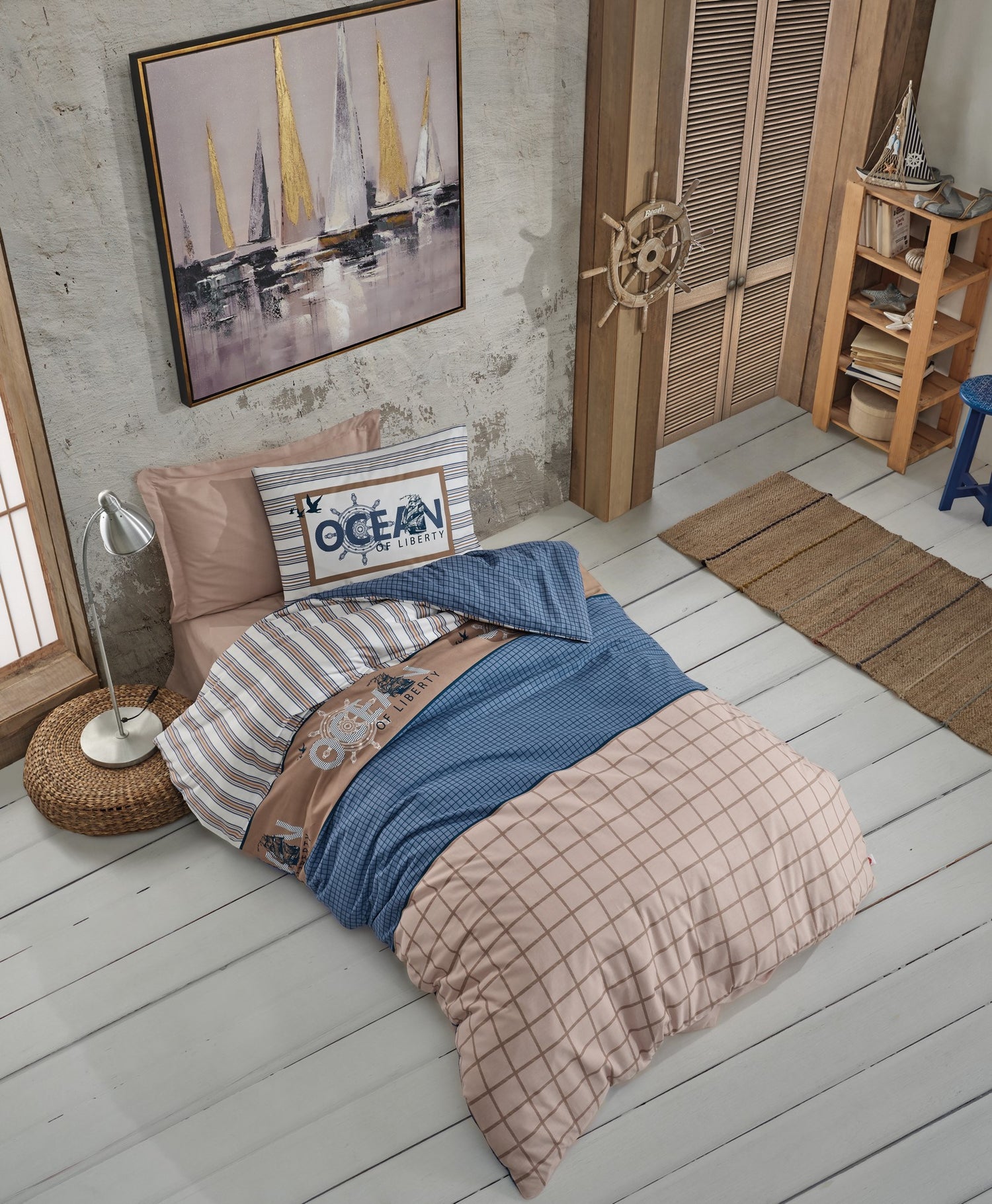 Cotton Box Young Room Single Duvet Cover Set with Elastic Sheets Ocean Navy Blue