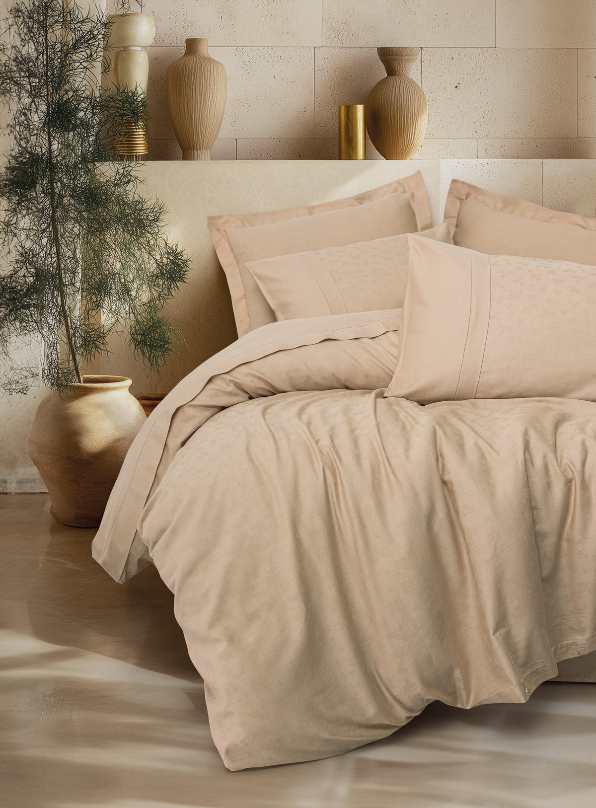 Cotton Box Jacquard Sateen Double Duvet Cover Set Florita Beige