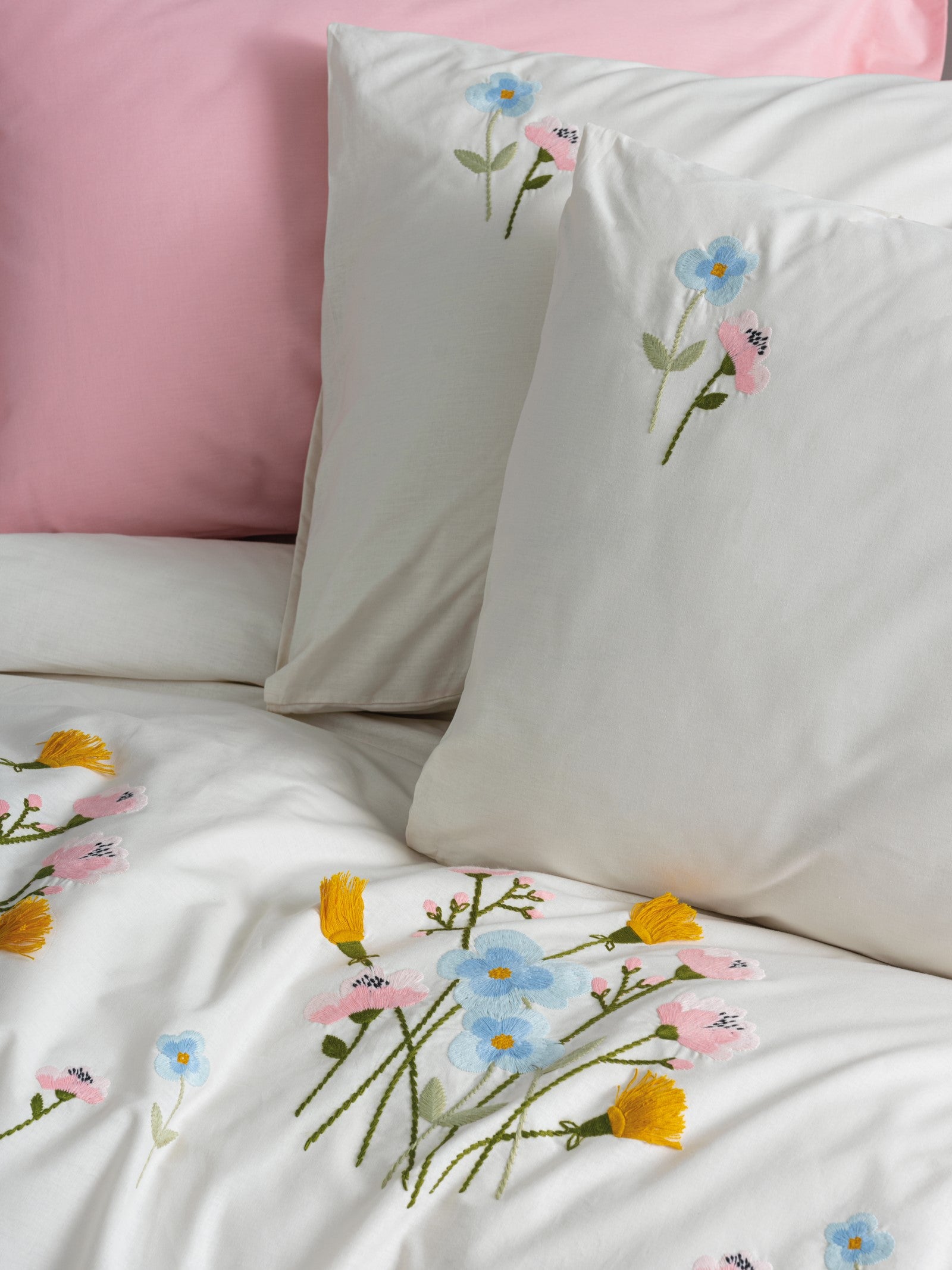 Cotton Box Embroidered Ranforce Double Duvet Cover Set Delbin Pink
