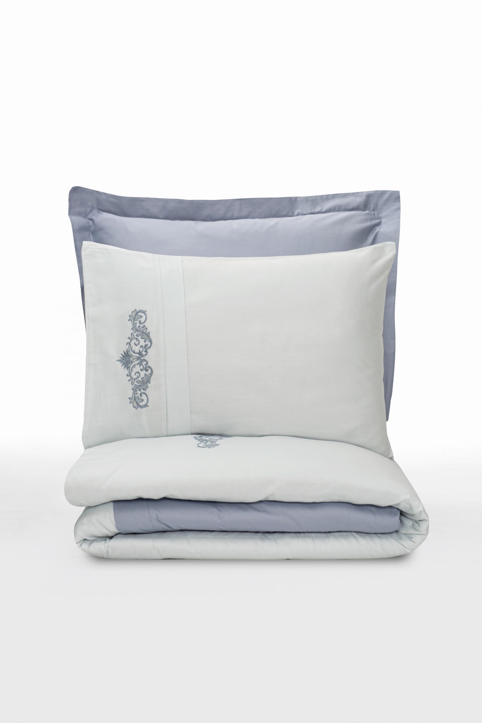 Cotton Box Embroidered Satin Double Duvet Cover Set Biana Gray