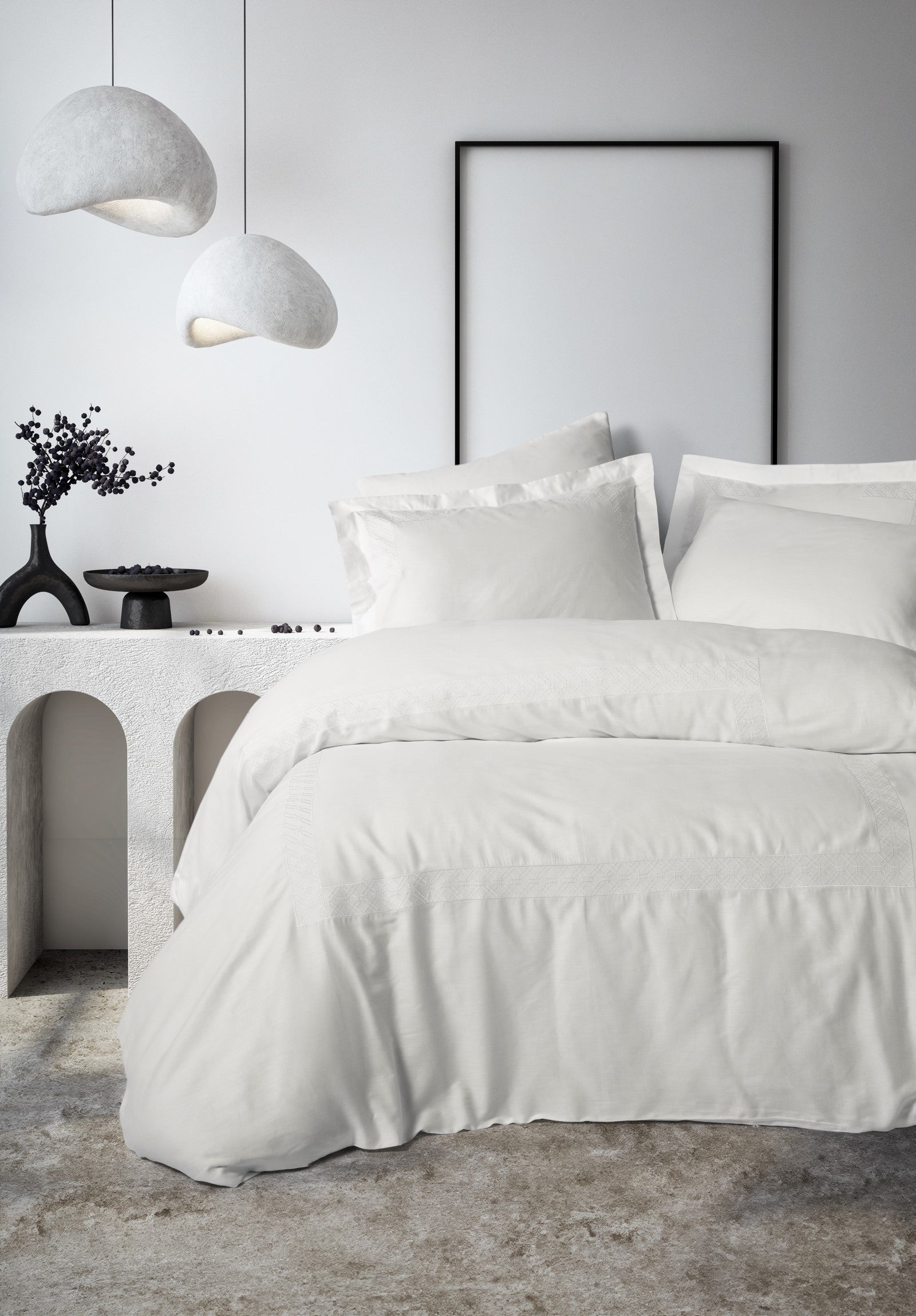 Cotton Box Embroidered Satin Double Duvet Cover Set Galant White