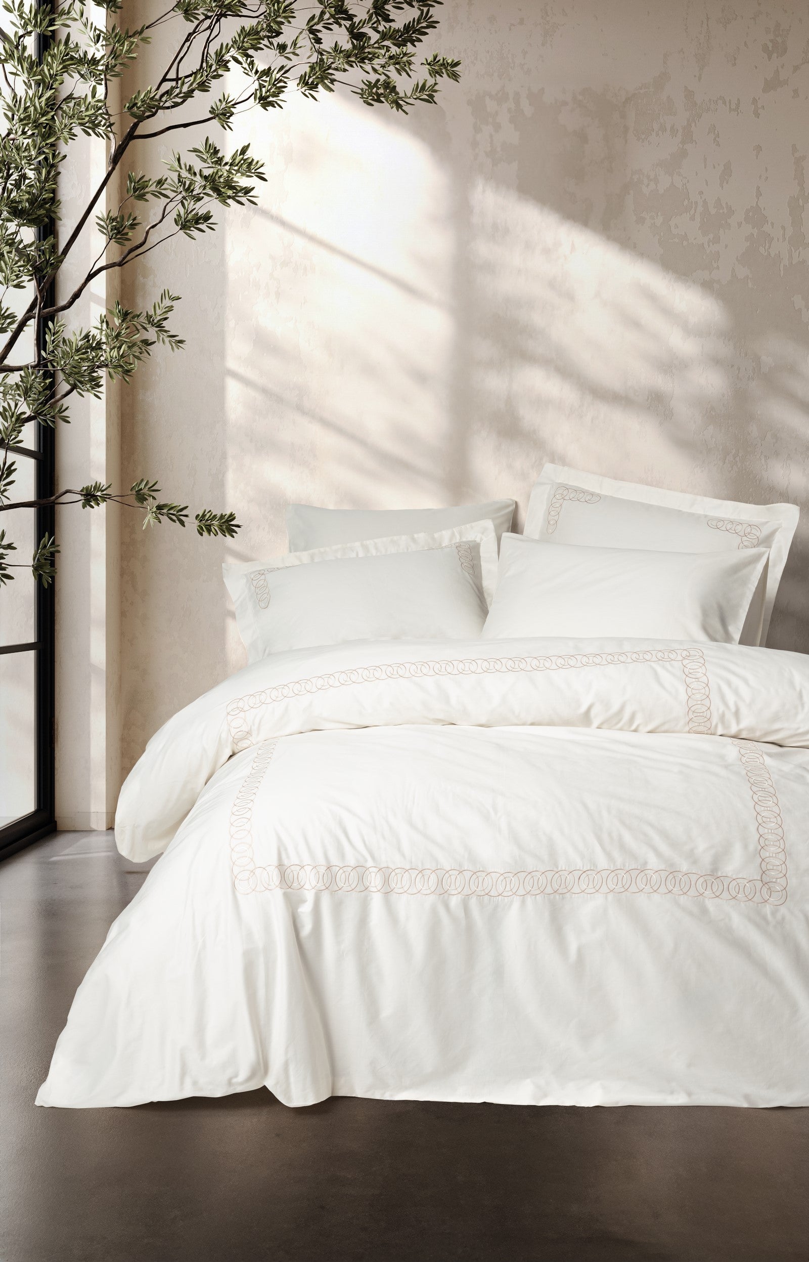 Cotton Box Embroidered Satin Double Duvet Cover Set Riley Ecru