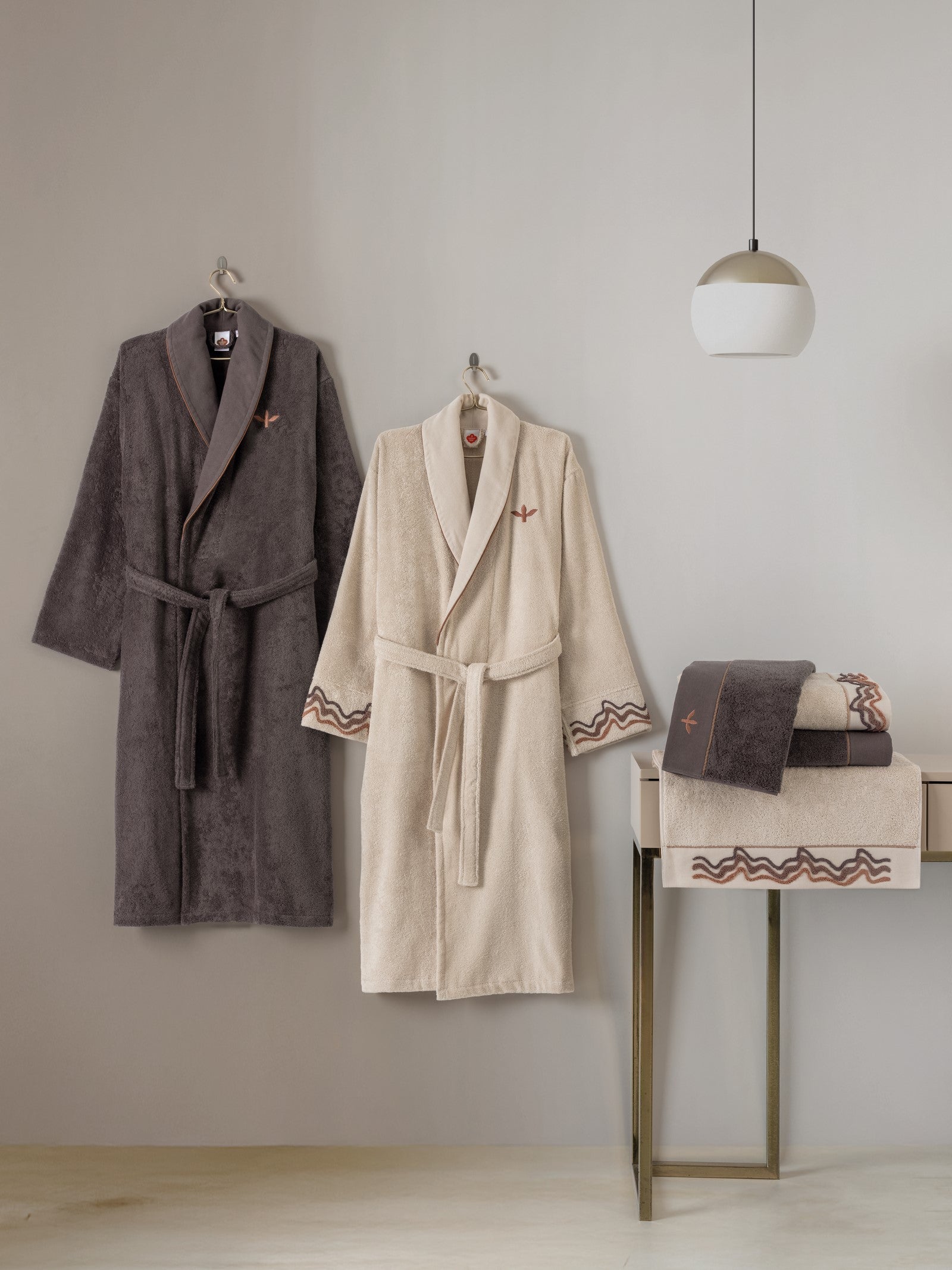 Cotton Box Puff Embroidered Family Bathrobe Set Molende Beige-Anthracite
