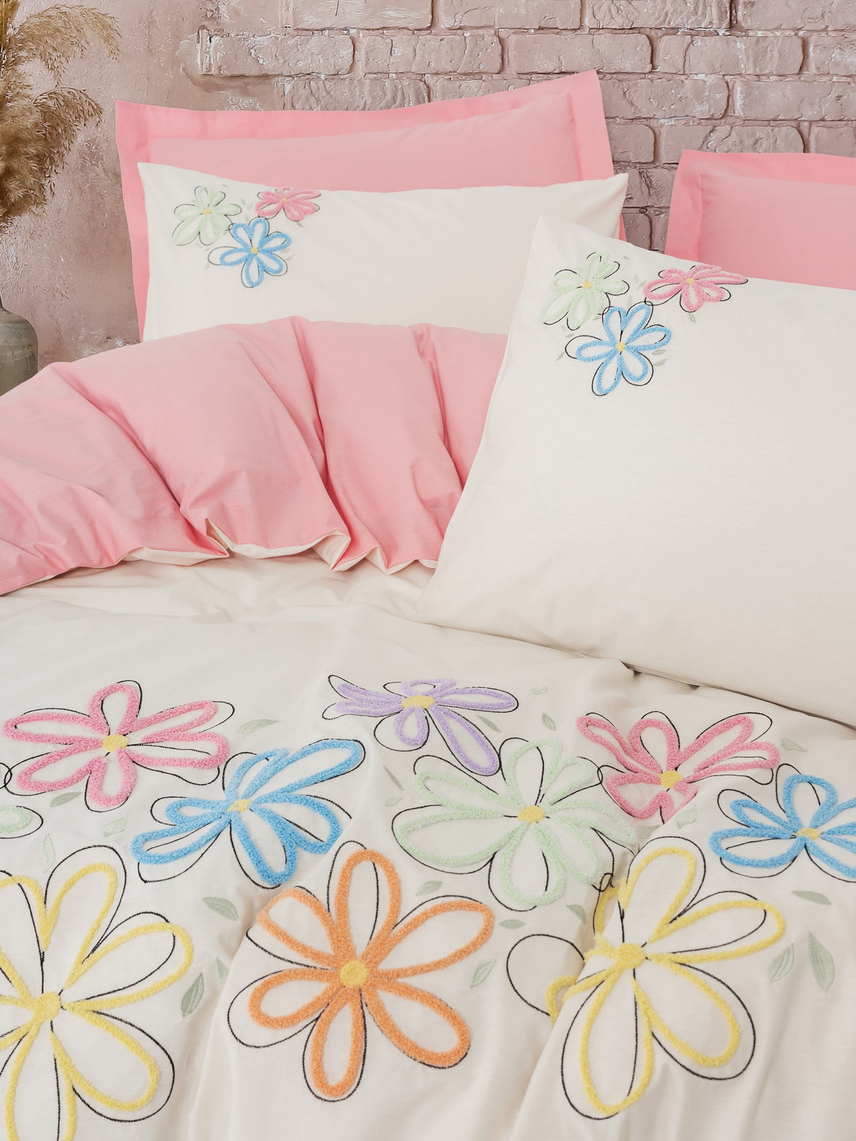 Cotton Box Puff Embroidered Double Duvet Cover Set Bellis Pink