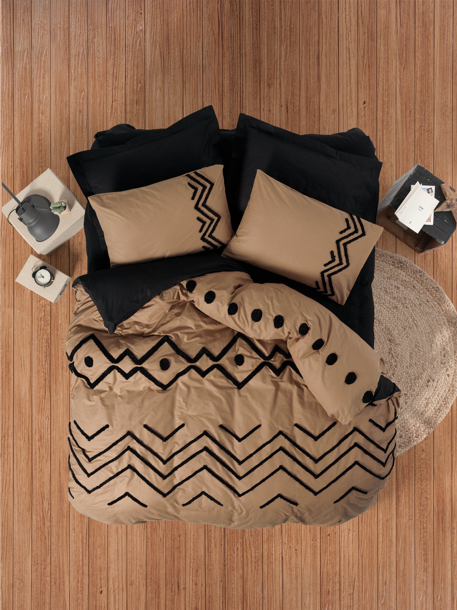 Cotton Box Puff Embroidered Double Duvet Cover Set Elio Copper-Black