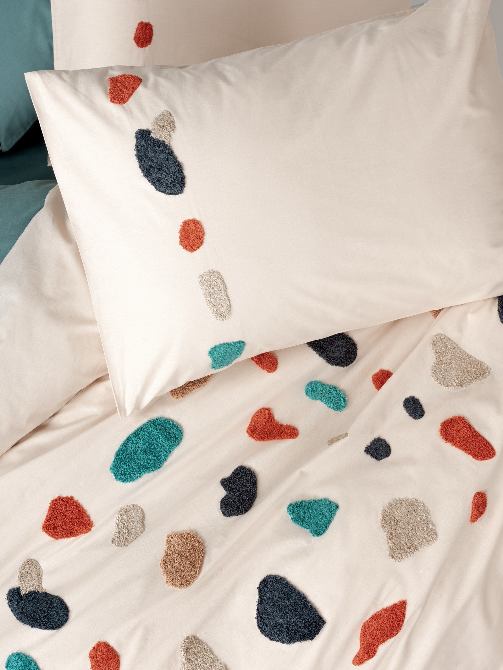 Cotton Box Puff Embroidered Double Duvet Cover Set Gaja Mint