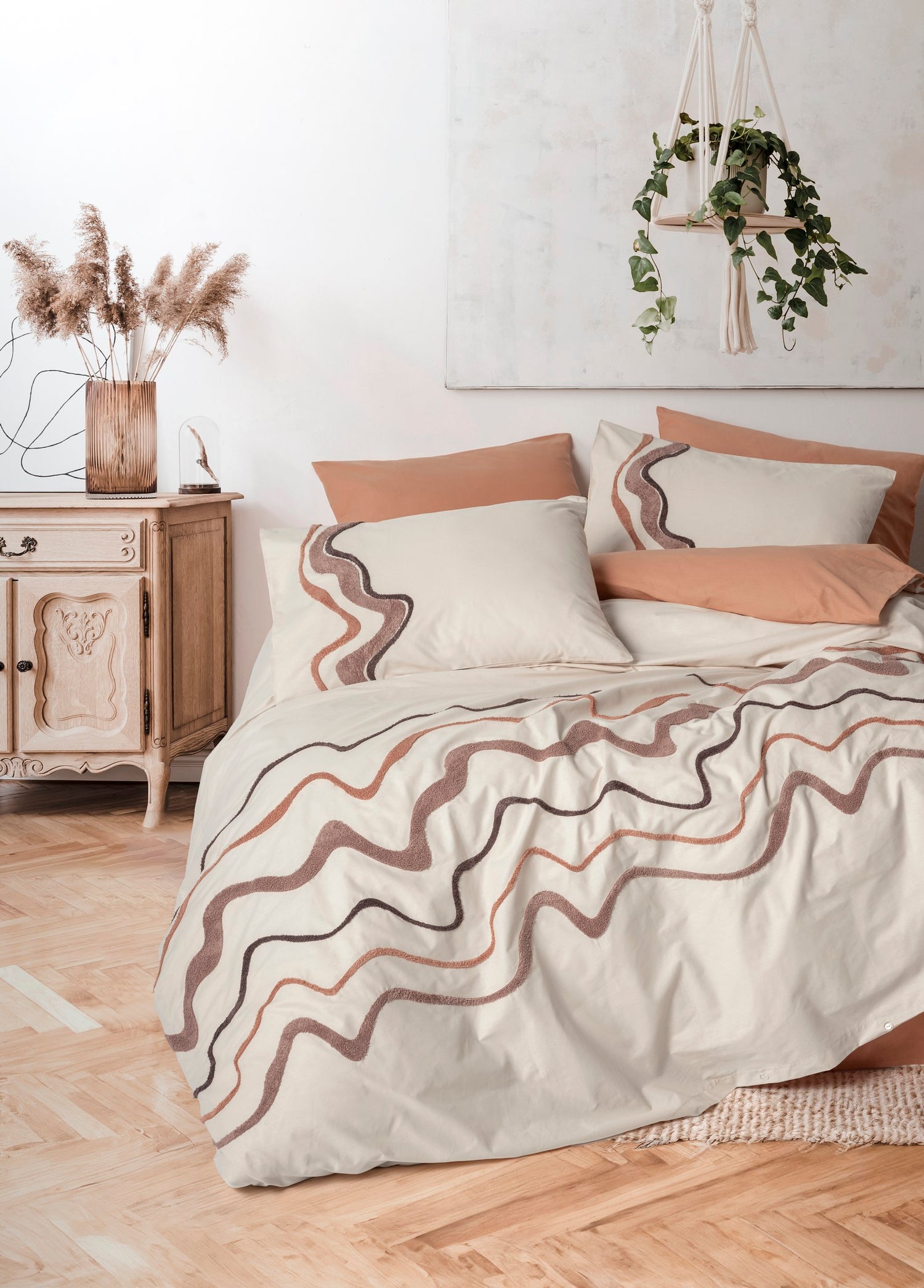 Cotton Box Puff Embroidered Double Duvet Cover Set Molende Caramel