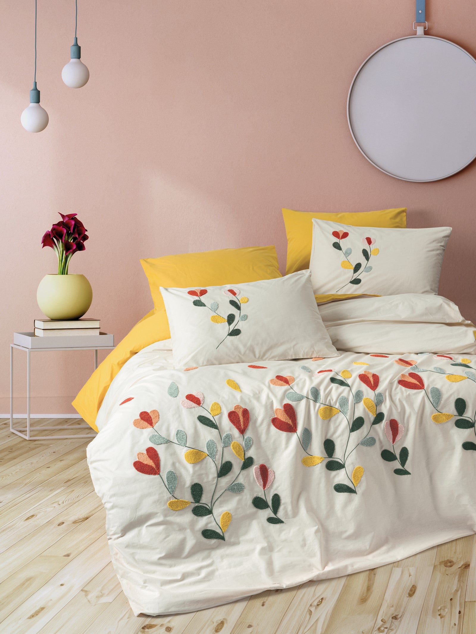 Cotton Box Puff Embroidered Double Duvet Cover Set Nella Mustard