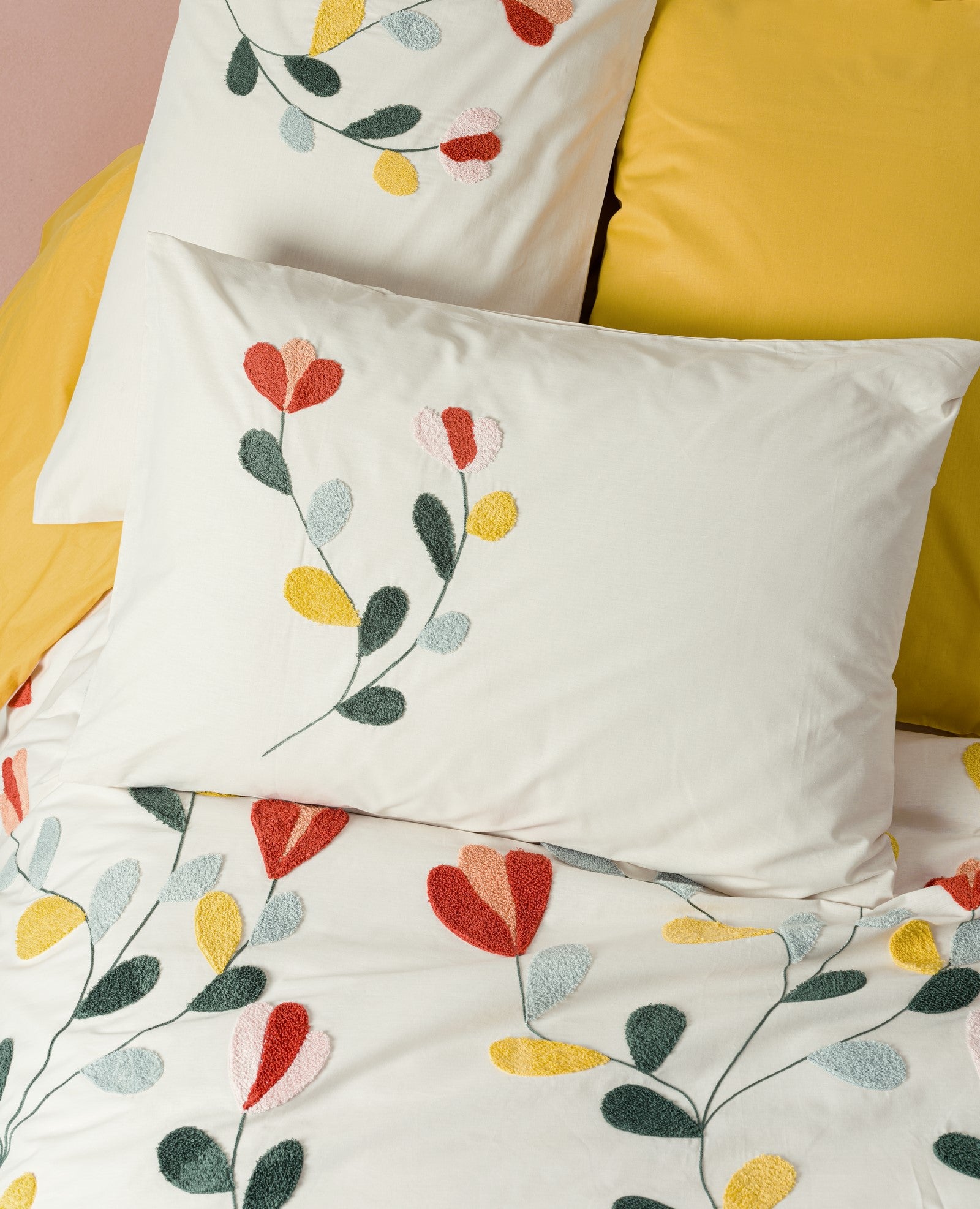 Cotton Box Puff Embroidered Double Duvet Cover Set Nella Mustard