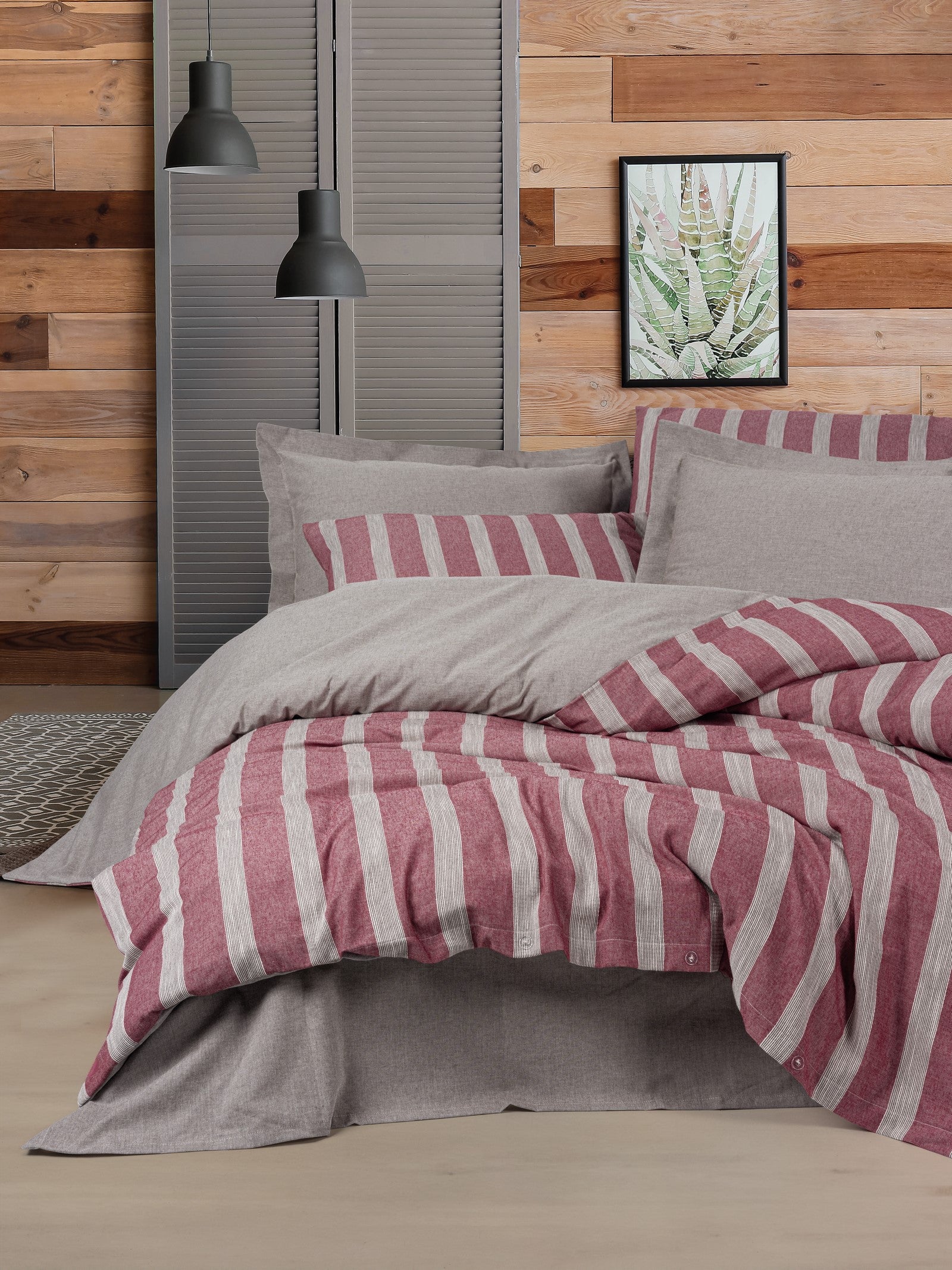 Cotton Box Ribbed Double Duvet Cover Set Bande Claret Red