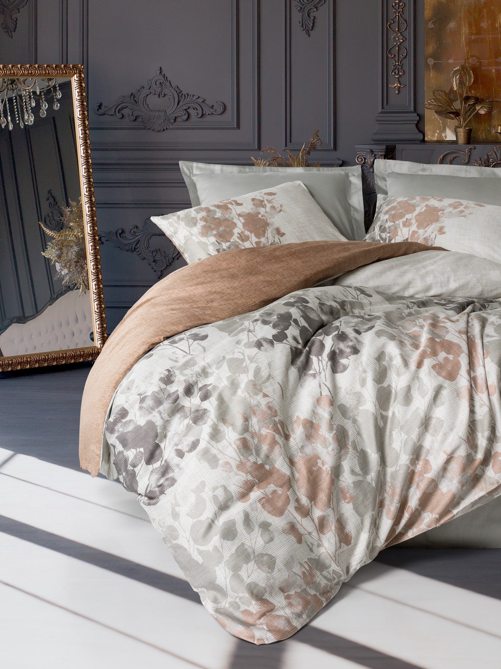 Cotton Box Satin Double Duvet Cover Set Blatt Gray