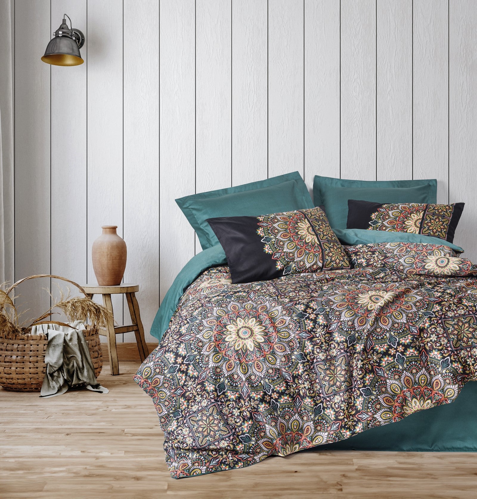 Cotton Box Satin Double Duvet Cover Set Ornate Petrol