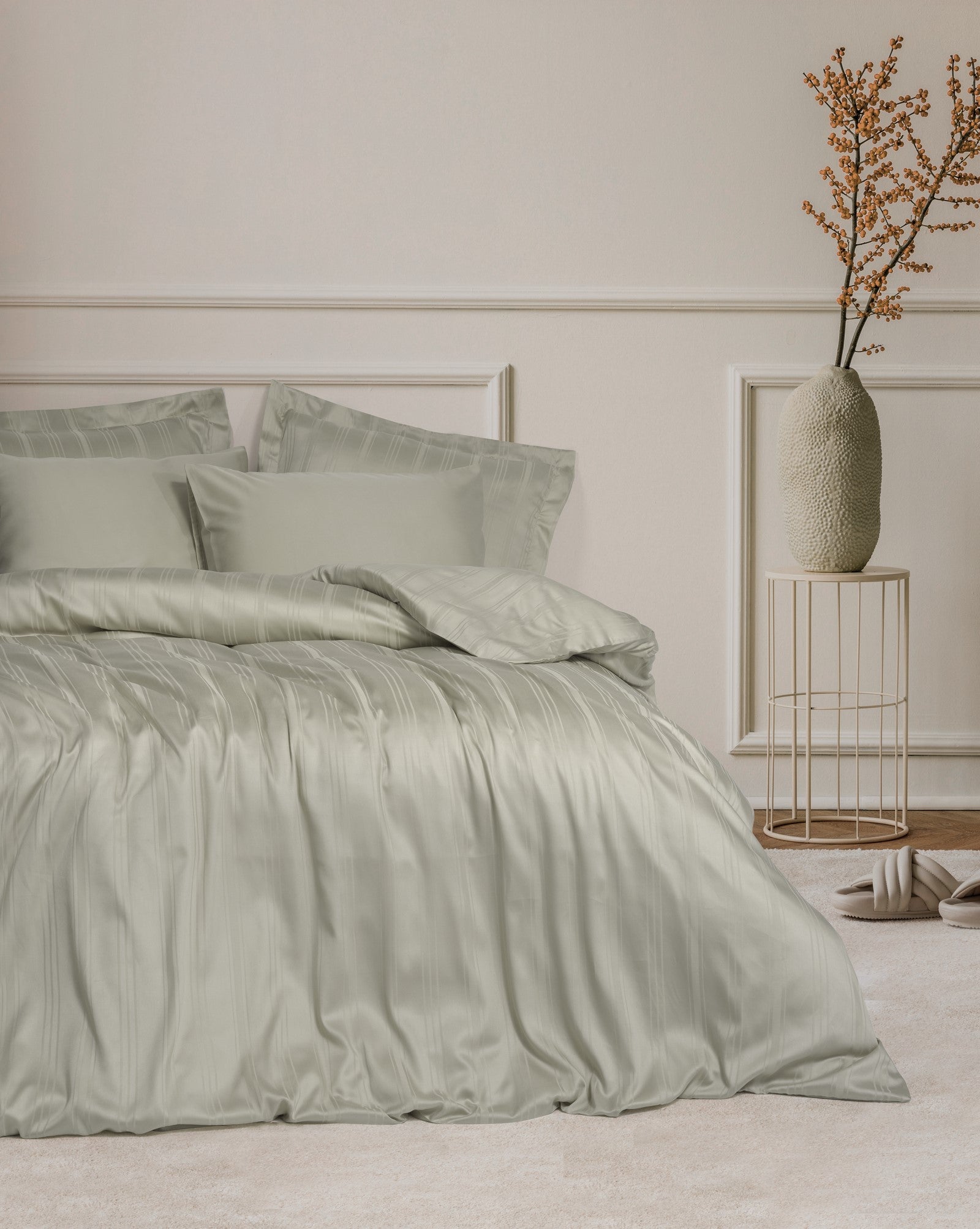 Cotton Box Smart Bamboo Satin Double Duvet Cover Set Stripe Beige