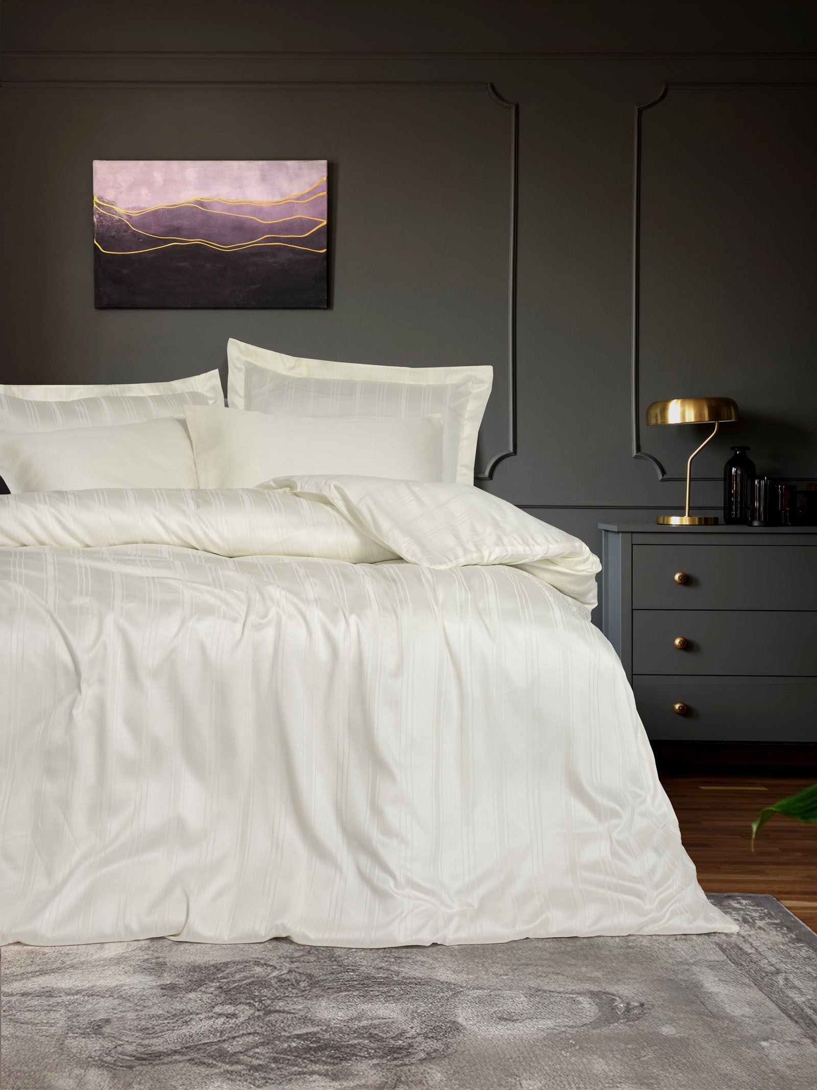 Cotton Box Smart Bamboo Satin Double Duvet Cover Set Stripe Ecru