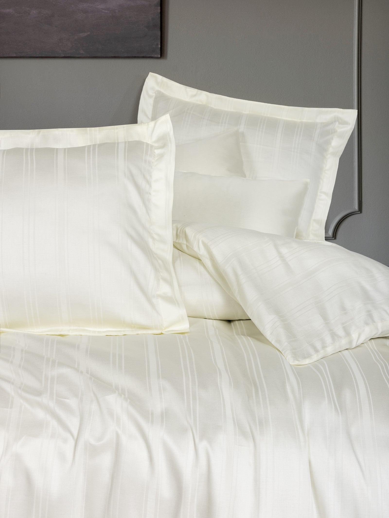 Cotton Box Smart Bamboo Satin Double Duvet Cover Set Stripe Ecru