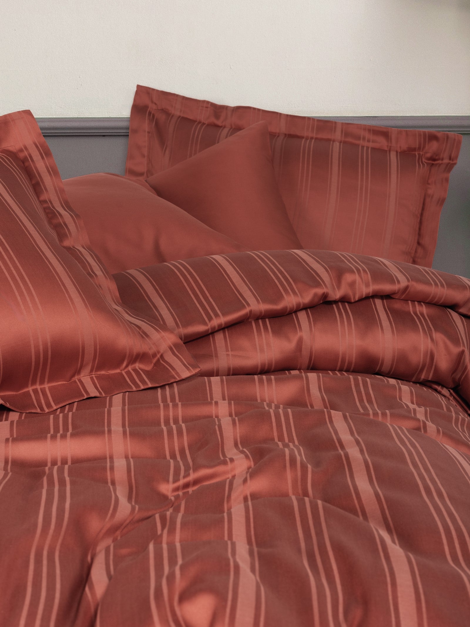 Cotton Box Smart Bambu Saten Çift Kişilik Nevresim Takımı Stripe Kiremit