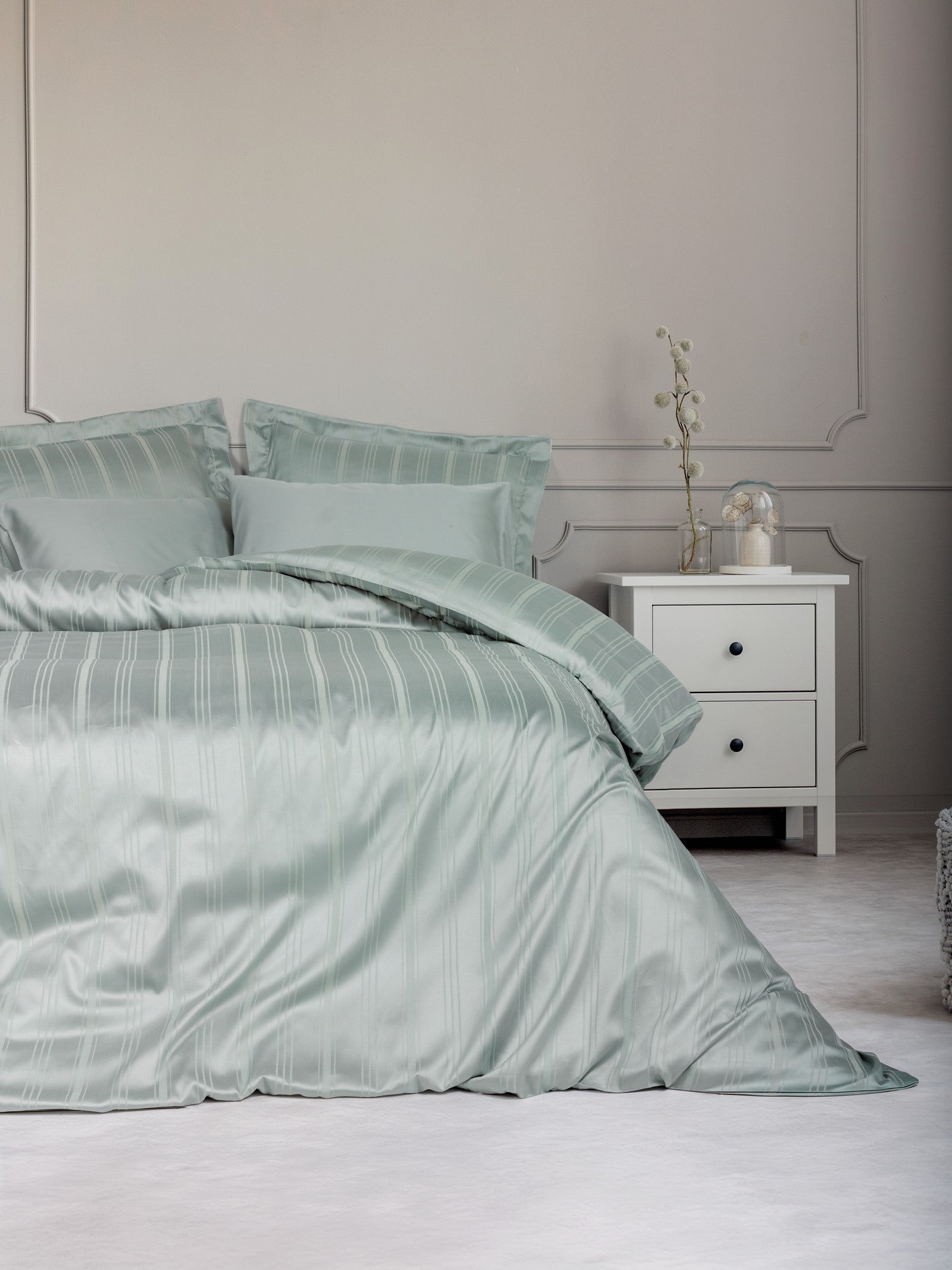 Cotton Box Smart Bamboo Satin Double Duvet Cover Set Stripe Mint