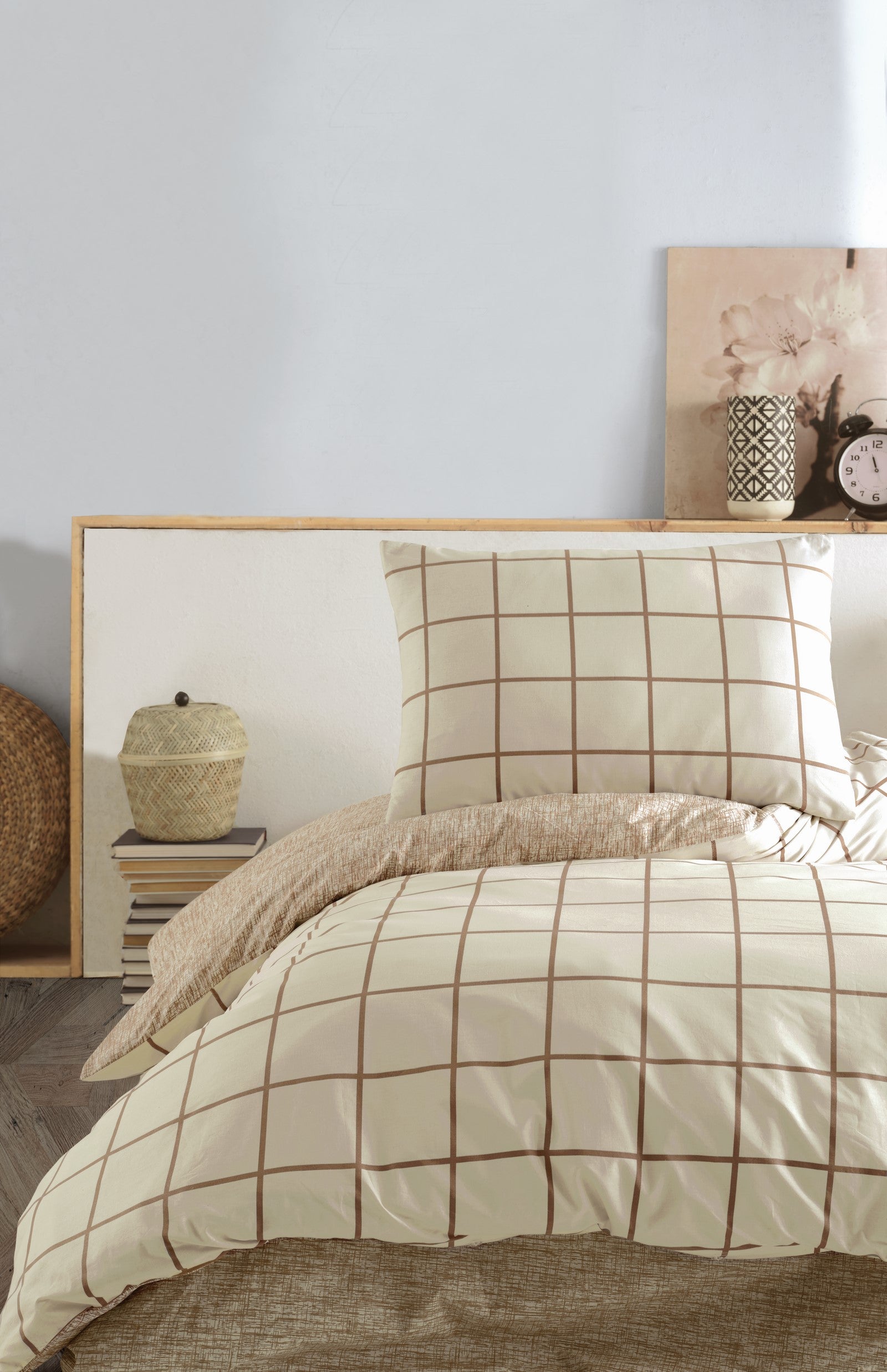 Cozy Home Çift Kişilik Lastikli Çarşaflı Nevresim Takımı Kare Krem