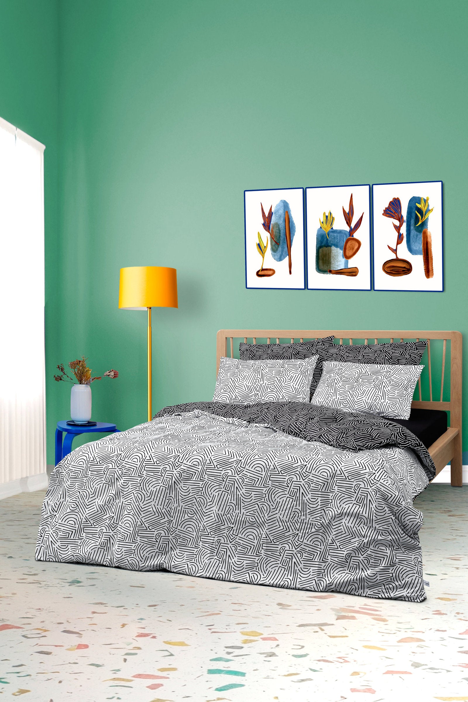 Cozy Home Mono Double Fitted Sheet Duvet Cover Set Maze Black