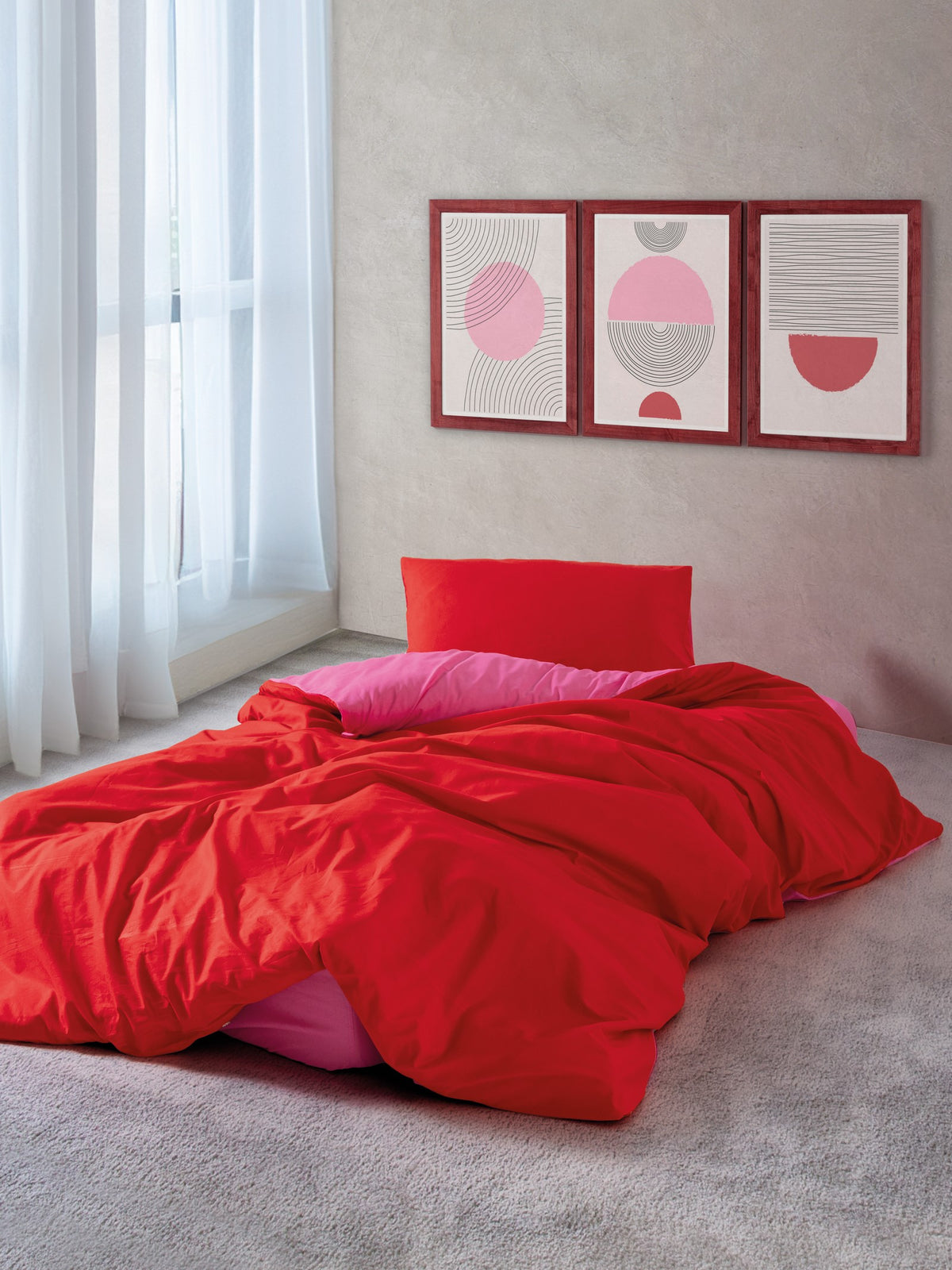 Cozy Home Popping Colors Single Duvet Cover Set with Elastic Sheets Sage Red-Fuchsia