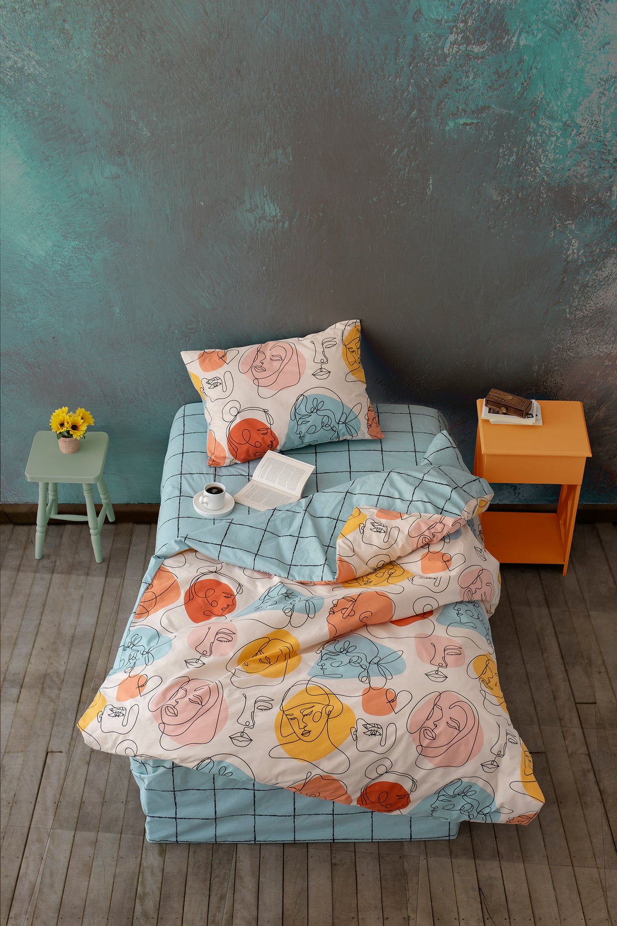 Cozy Home Single Duvet Cover Set with Elastic Sheets Modern Mint